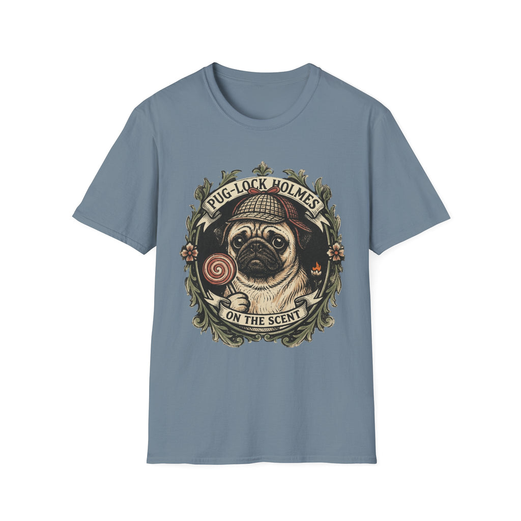 Pug-Lock Holmes Illustration T-Shirt | Pug Detective Vintage Badge