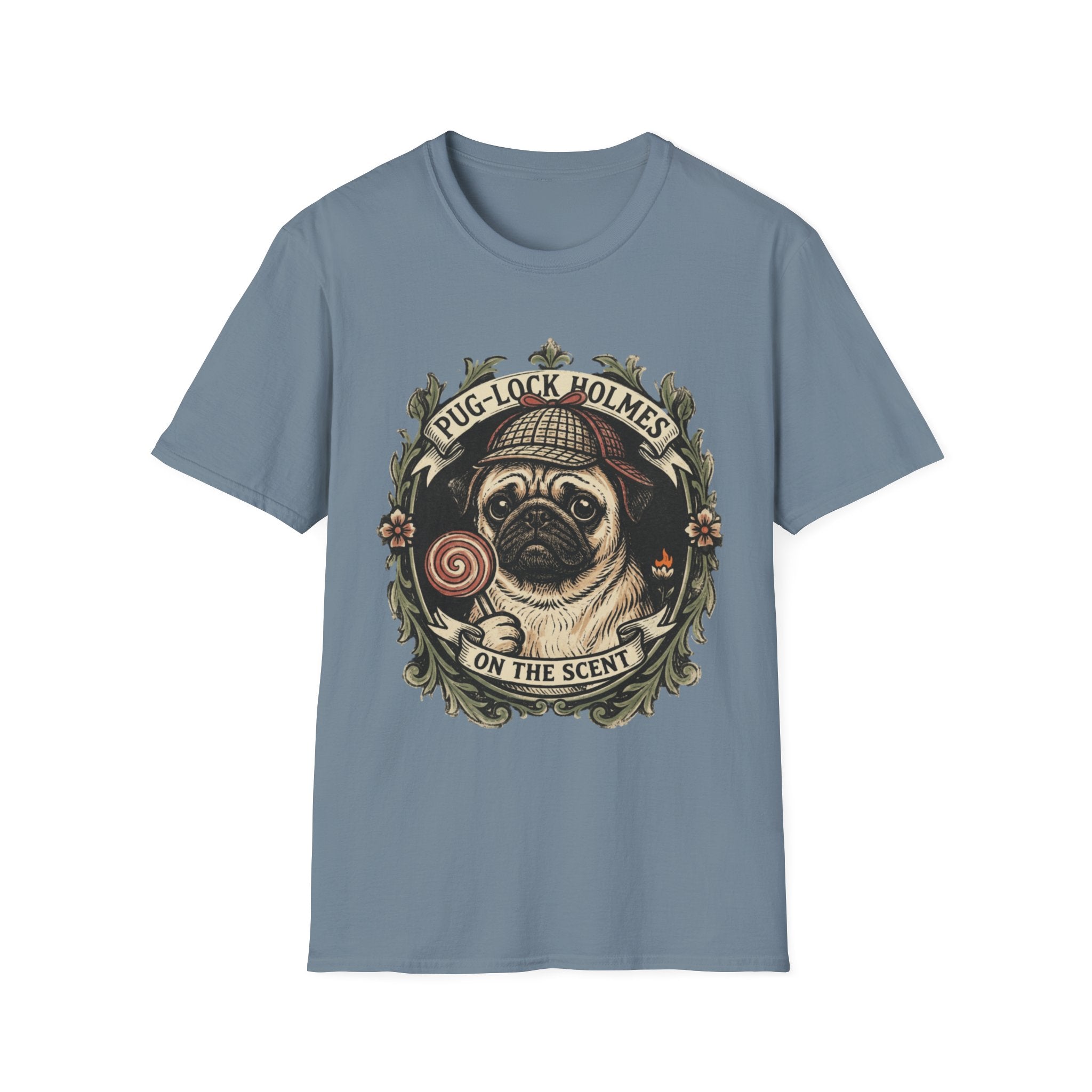 Pug-Lock Holmes Illustration T-Shirt | Pug Detective Vintage Badge