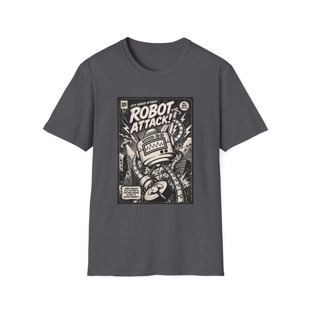 Robot Attack comic cover T-Shirt | Retro Sci-Fi Robot Tee