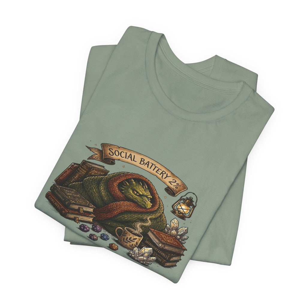 Social Battery Low dragon illustration T-Shirt | cozy book stack