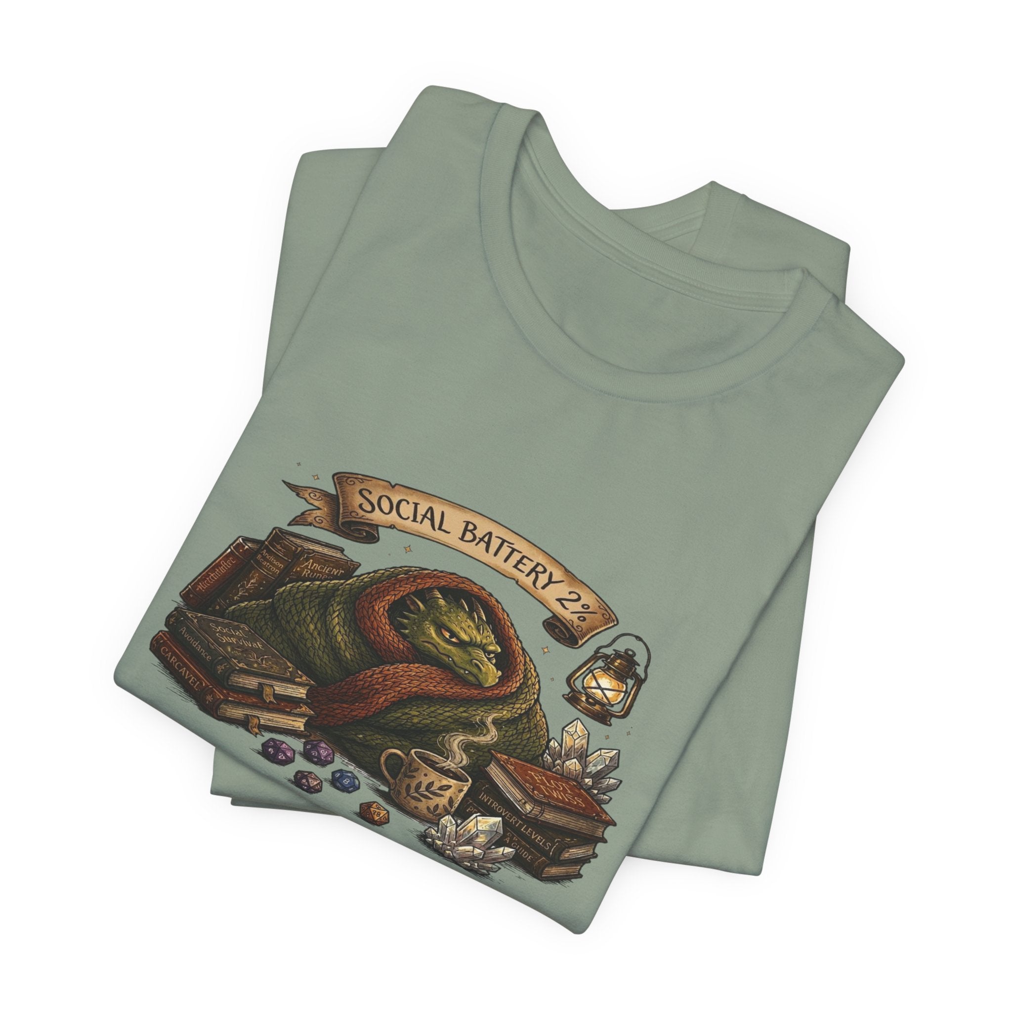 Social Battery Low dragon illustration T-Shirt | cozy book stack