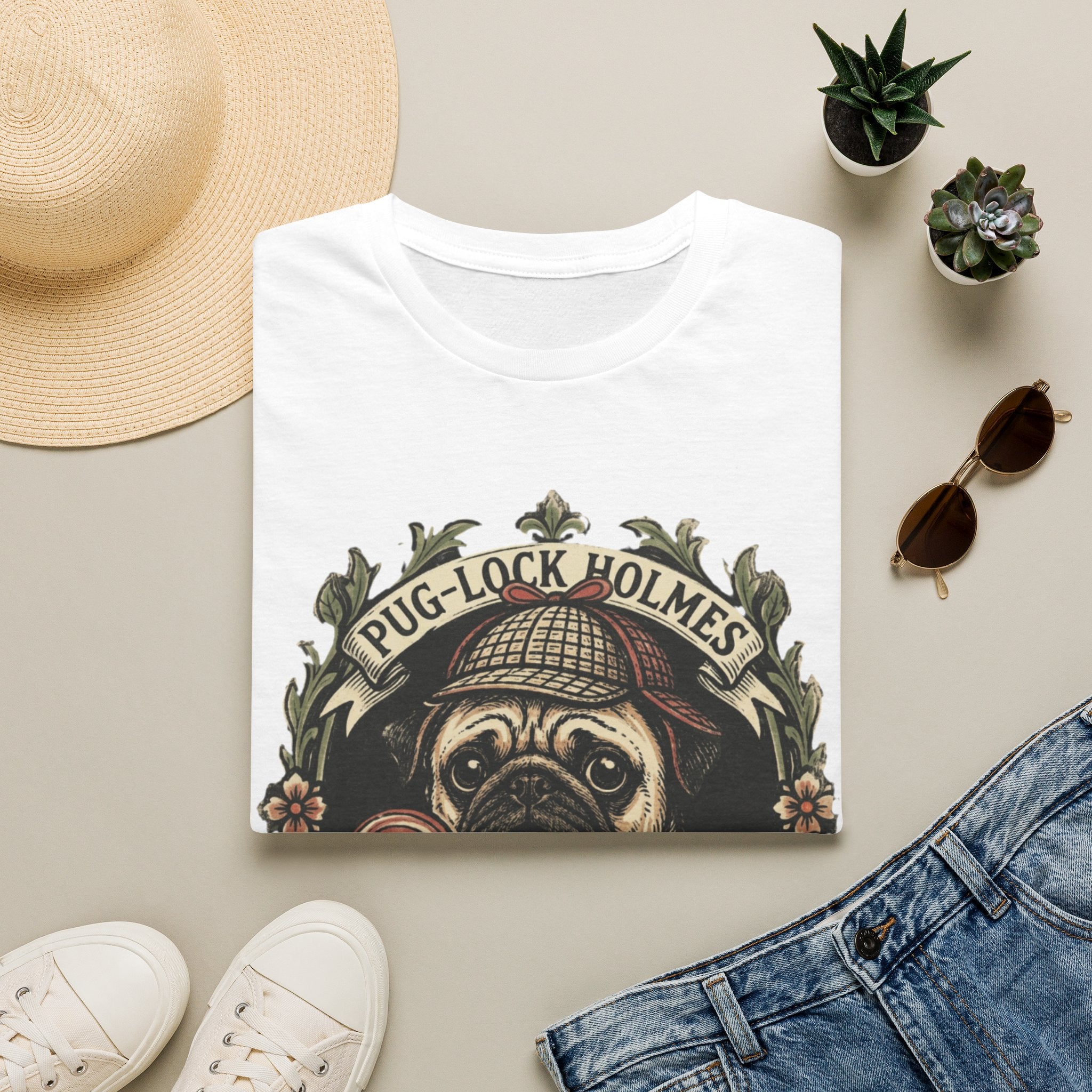 Pug-Lock Holmes Illustration T-Shirt | Pug Detective Vintage Badge