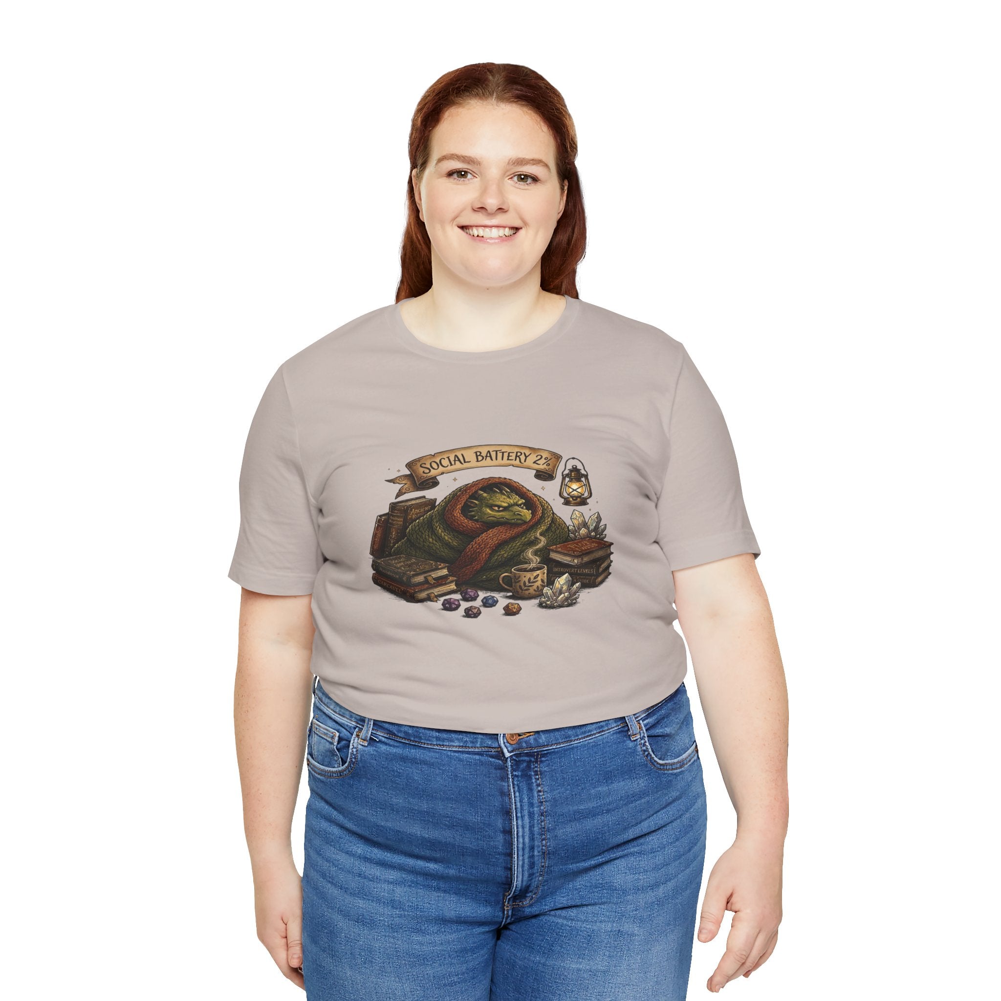 Social Battery Low dragon illustration T-Shirt | cozy book stack