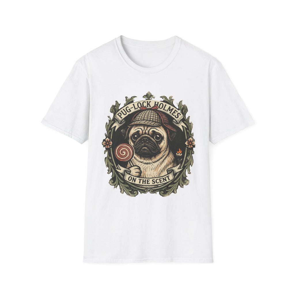 Pug-Lock Holmes Illustration T-Shirt | Pug Detective Vintage Badge