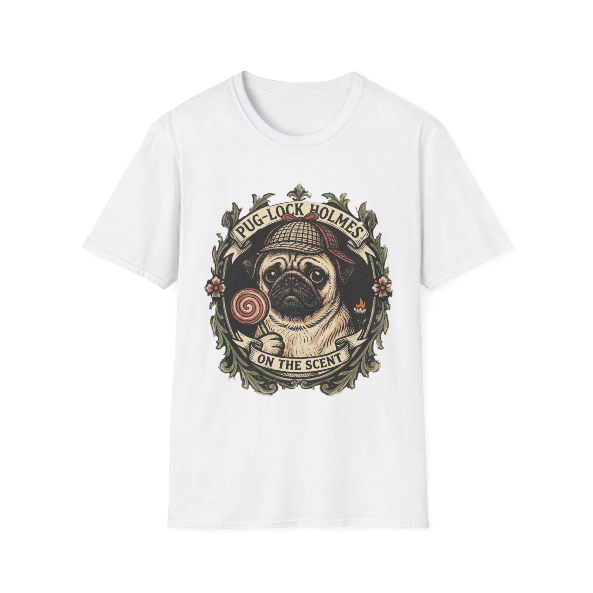 Pug-Lock Holmes Illustration T-Shirt | Pug Detective Vintage Badge