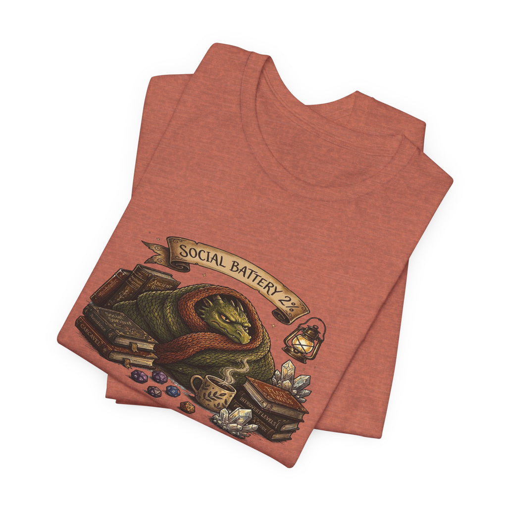 Social Battery Low dragon illustration T-Shirt | cozy book stack