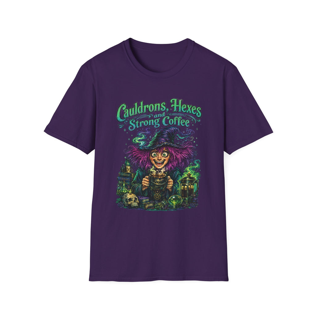 Witch Coffee T-Shirt  "Cauldrons, Hexes and Strong Coffee" Halloween Tee
