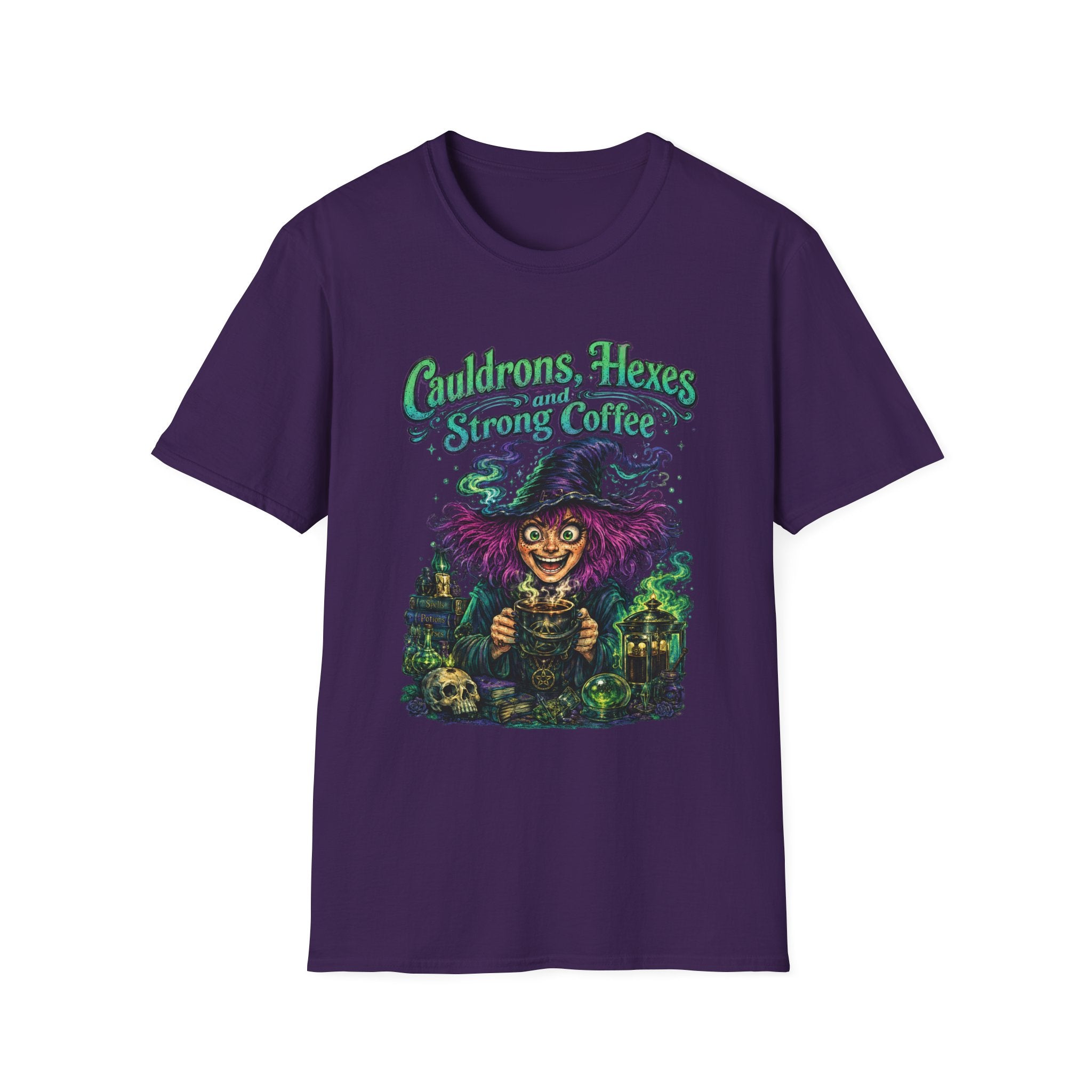 Witch Coffee T-Shirt  "Cauldrons, Hexes and Strong Coffee" Halloween Tee
