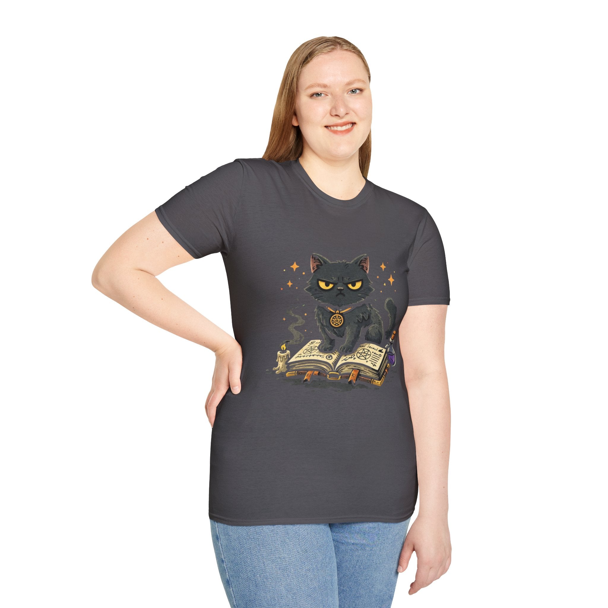 Grumpy Black Witch Cat T-Shirt | Occult Spellbook Magic Cat Shirt