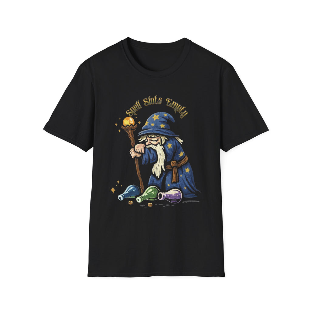 Sad Wizard Illustration T-Shirt | Cute Wizard With Staff, Stars & Potions