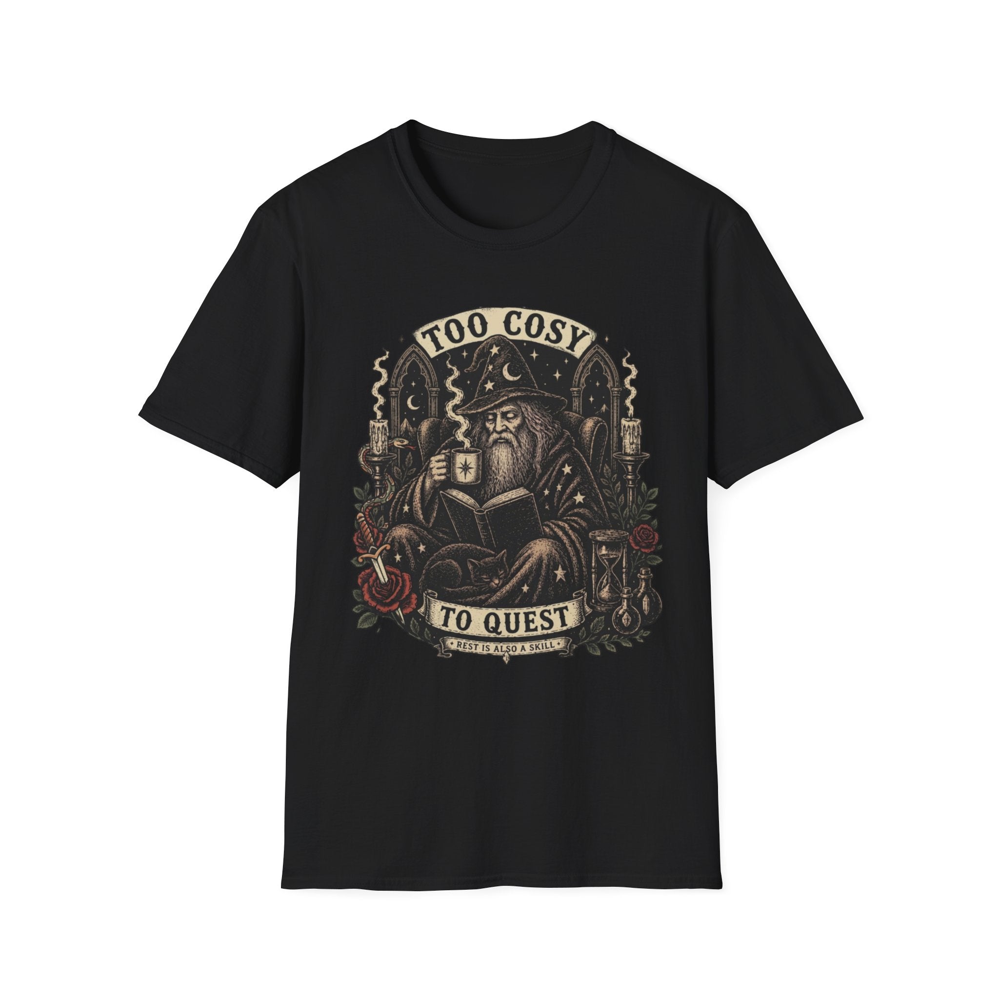 Too Cosy Wizard Illustration T-Shirt | Fantasy Mage Coffee Design