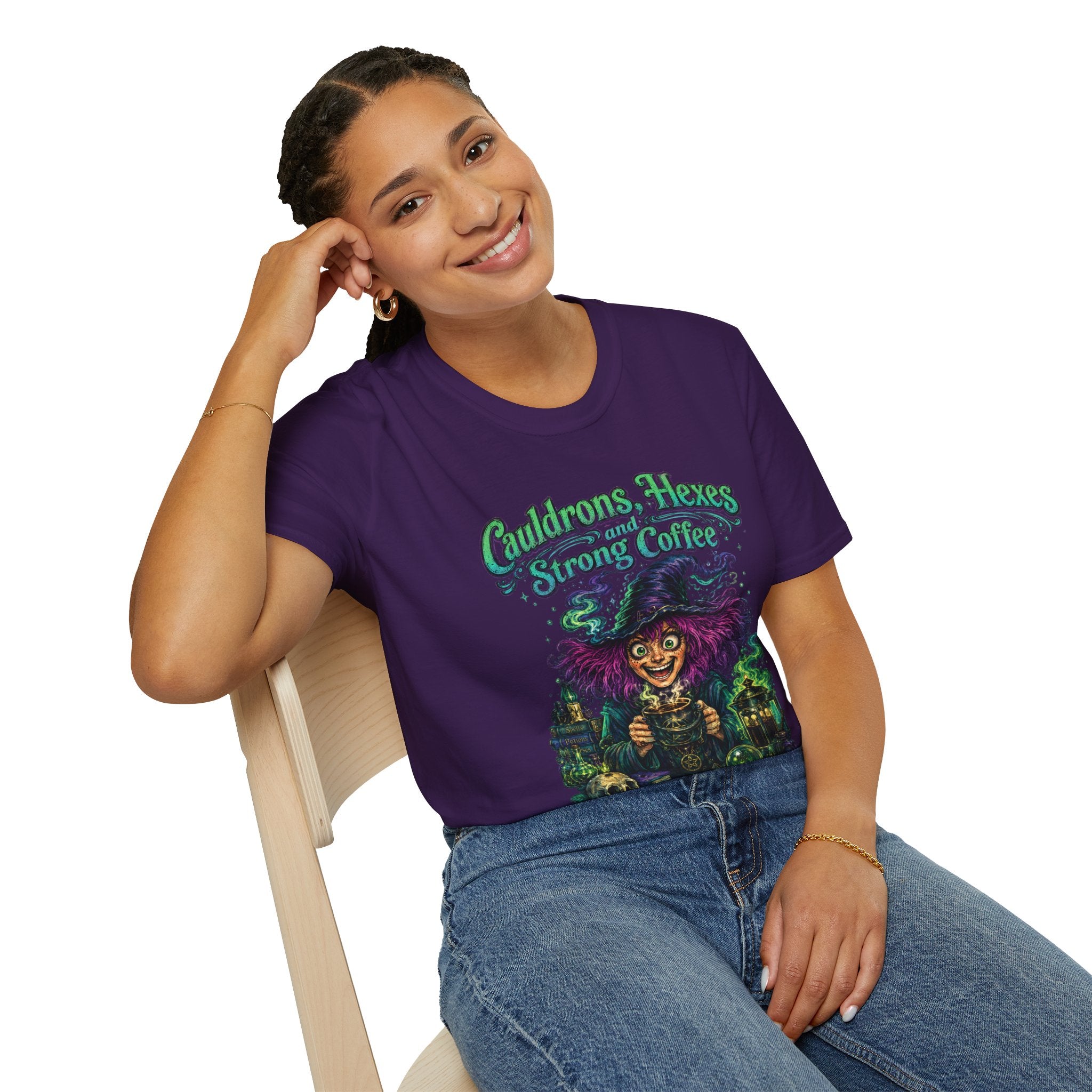Witch Coffee T-Shirt  "Cauldrons, Hexes and Strong Coffee" Halloween Tee