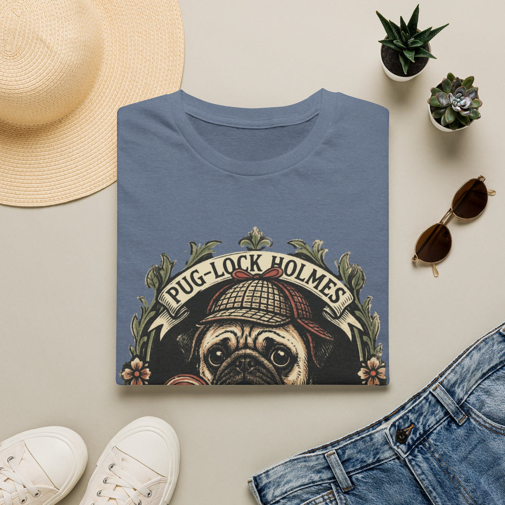 Pug-Lock Holmes Illustration T-Shirt | Pug Detective Vintage Badge