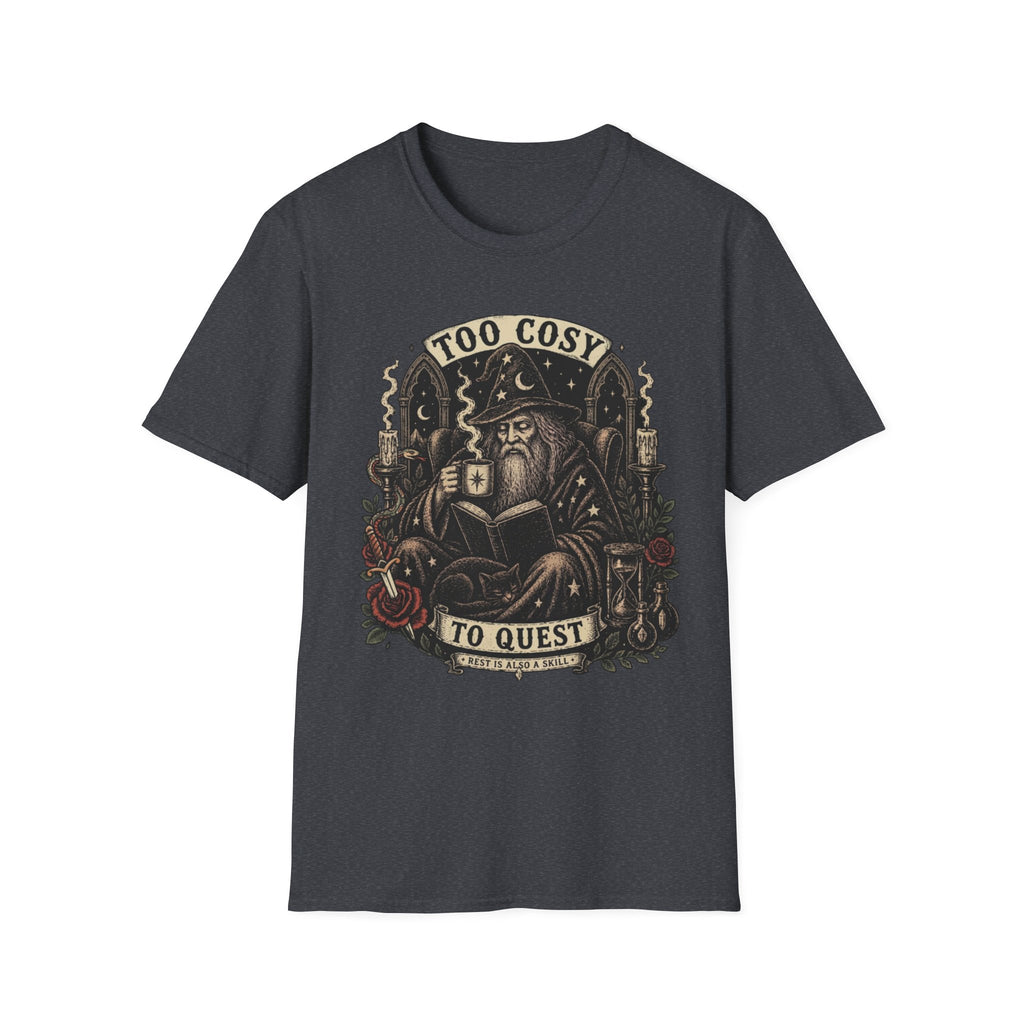 Too Cosy Wizard Illustration T-Shirt | Fantasy Mage Coffee Design