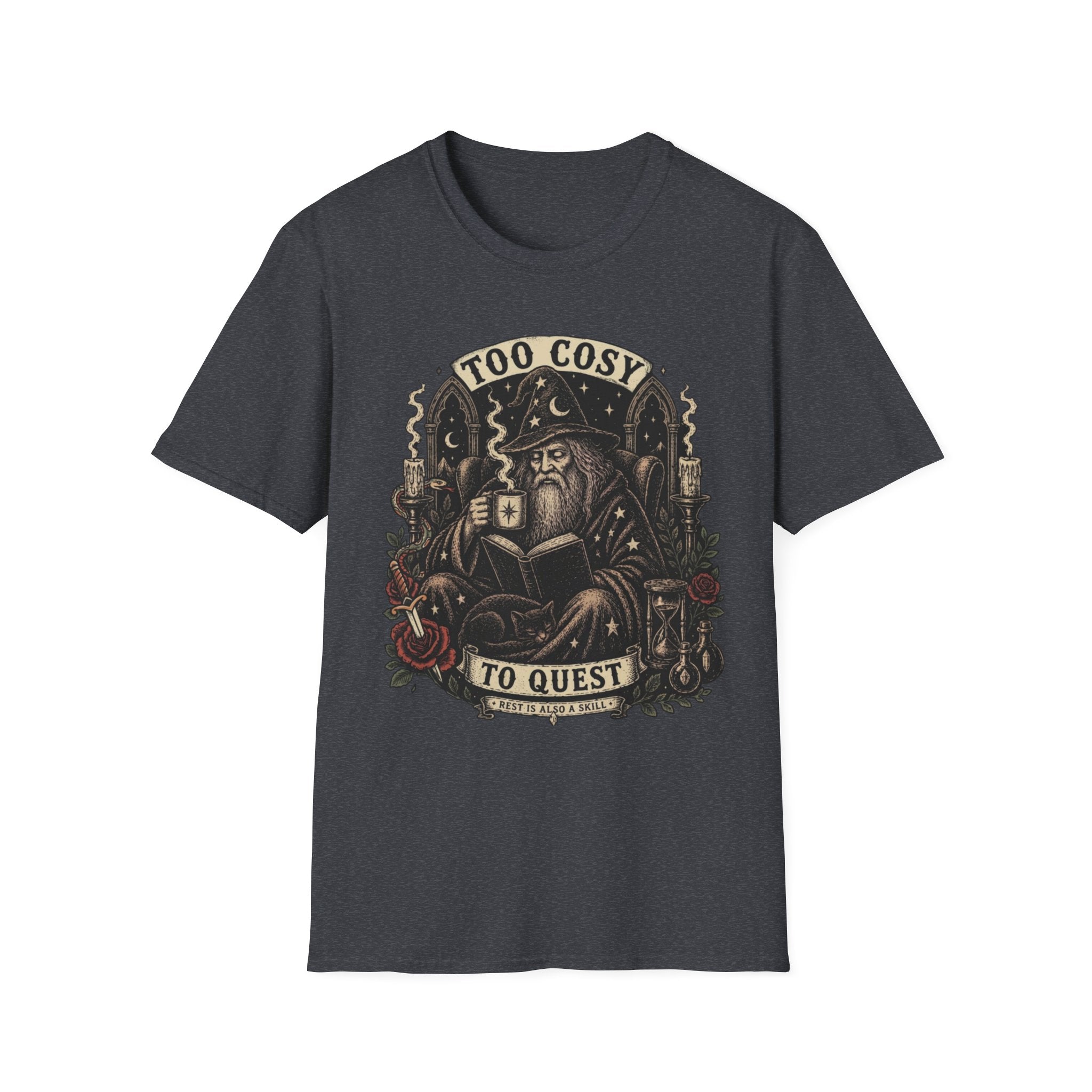 Too Cosy Wizard Illustration T-Shirt | Fantasy Mage Coffee Design