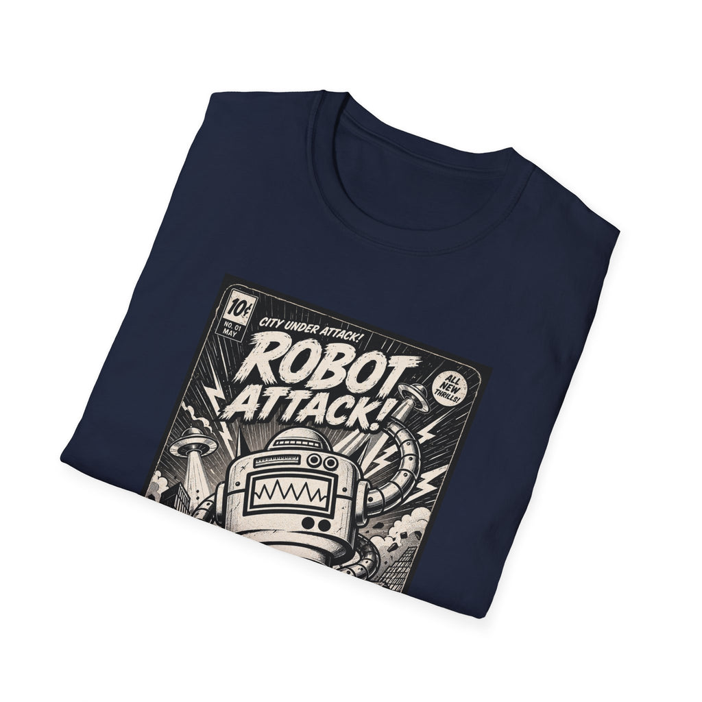 Robot Attack comic cover T-Shirt | Retro Sci-Fi Robot Tee