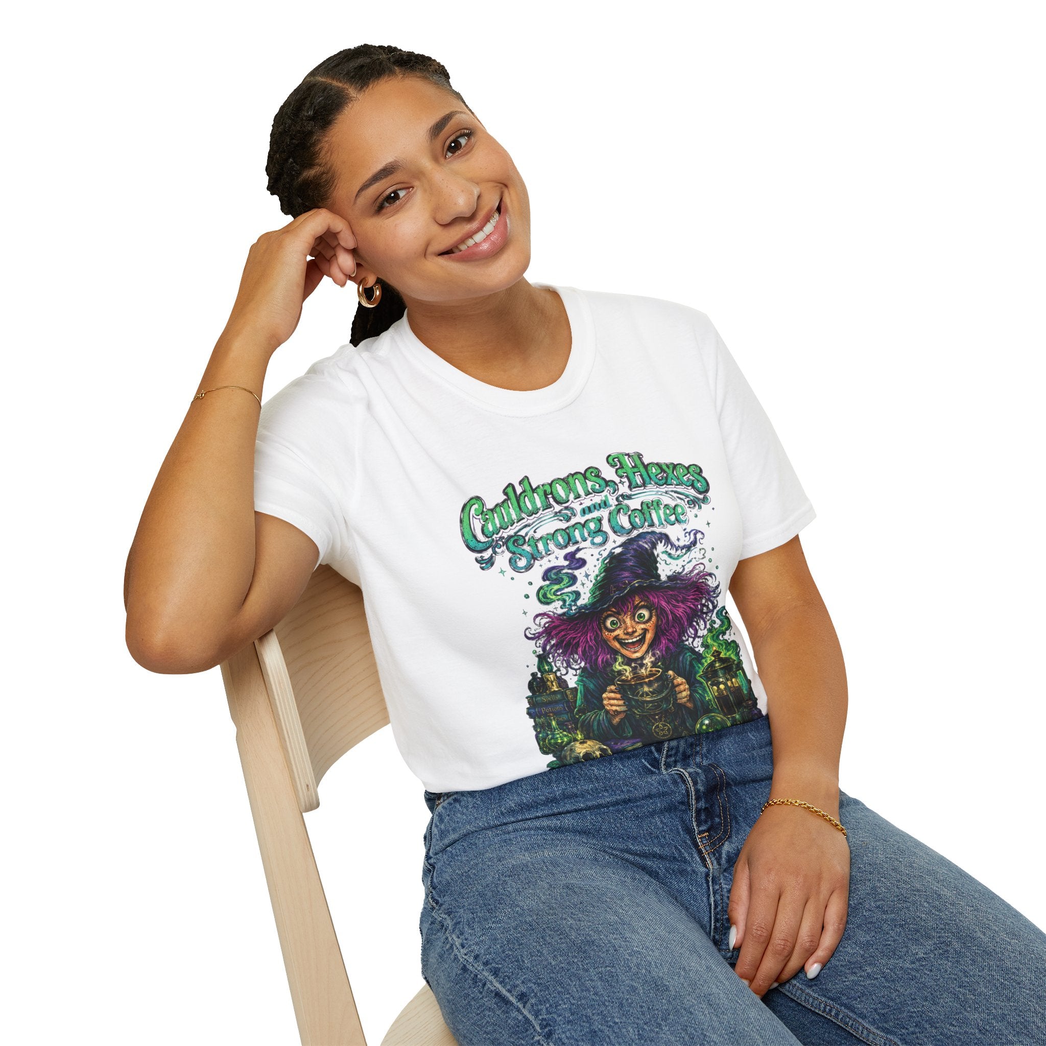 Witch Coffee T-Shirt  "Cauldrons, Hexes and Strong Coffee" Halloween Tee