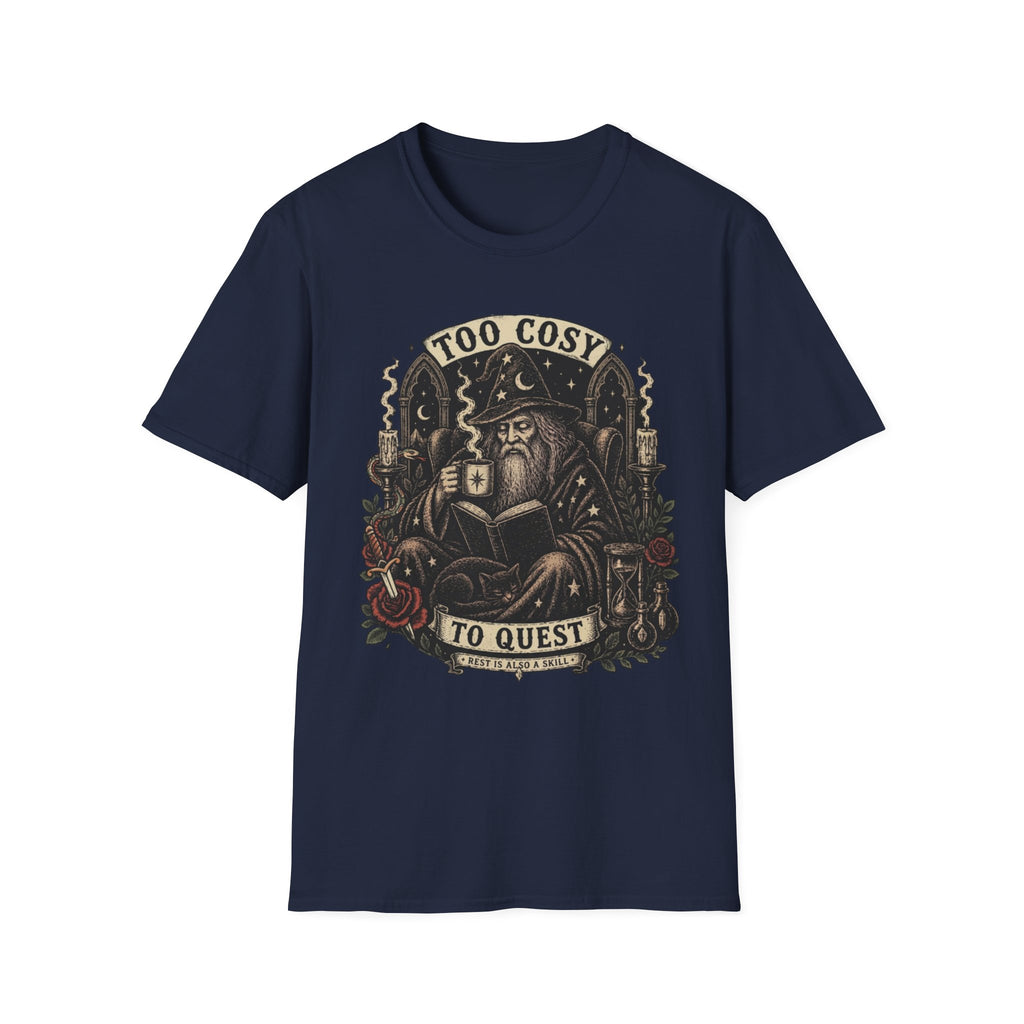 Too Cosy Wizard Illustration T-Shirt | Fantasy Mage Coffee Design