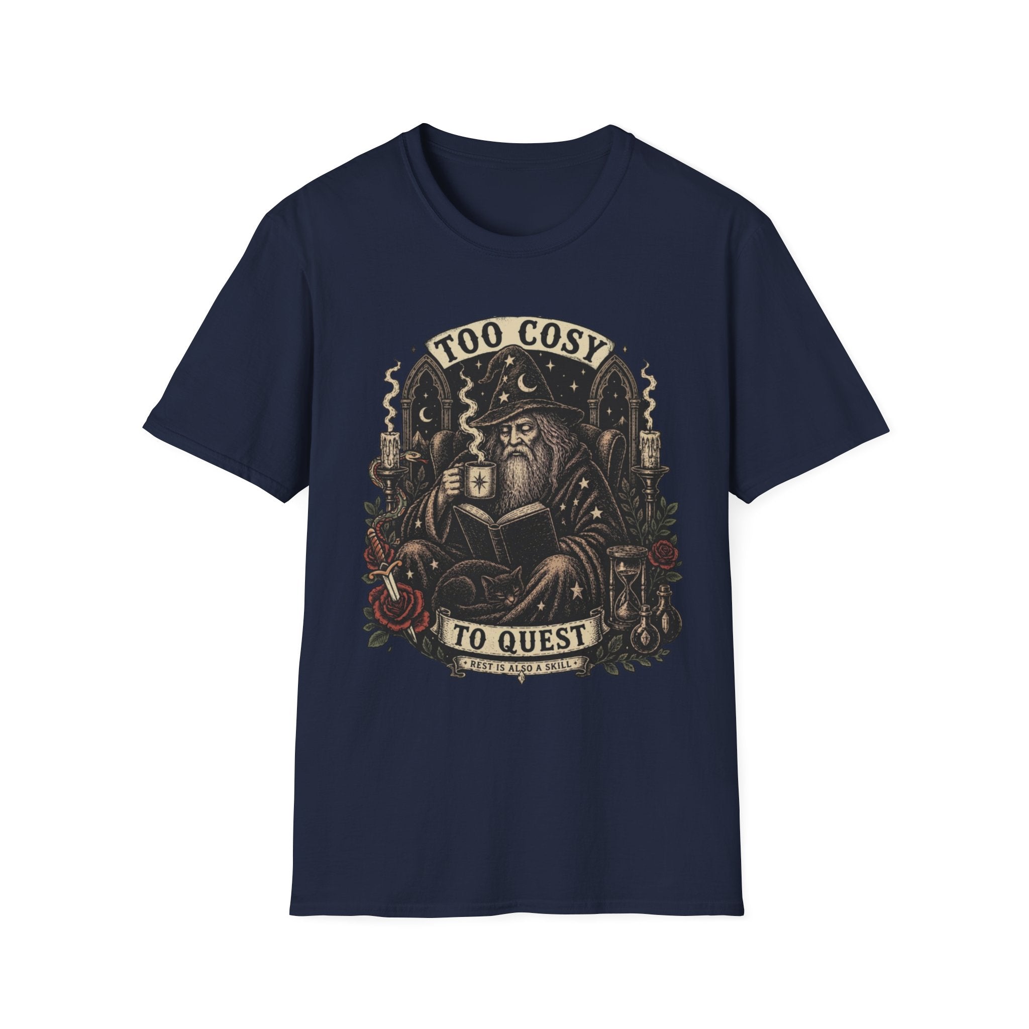 Too Cosy Wizard Illustration T-Shirt | Fantasy Mage Coffee Design