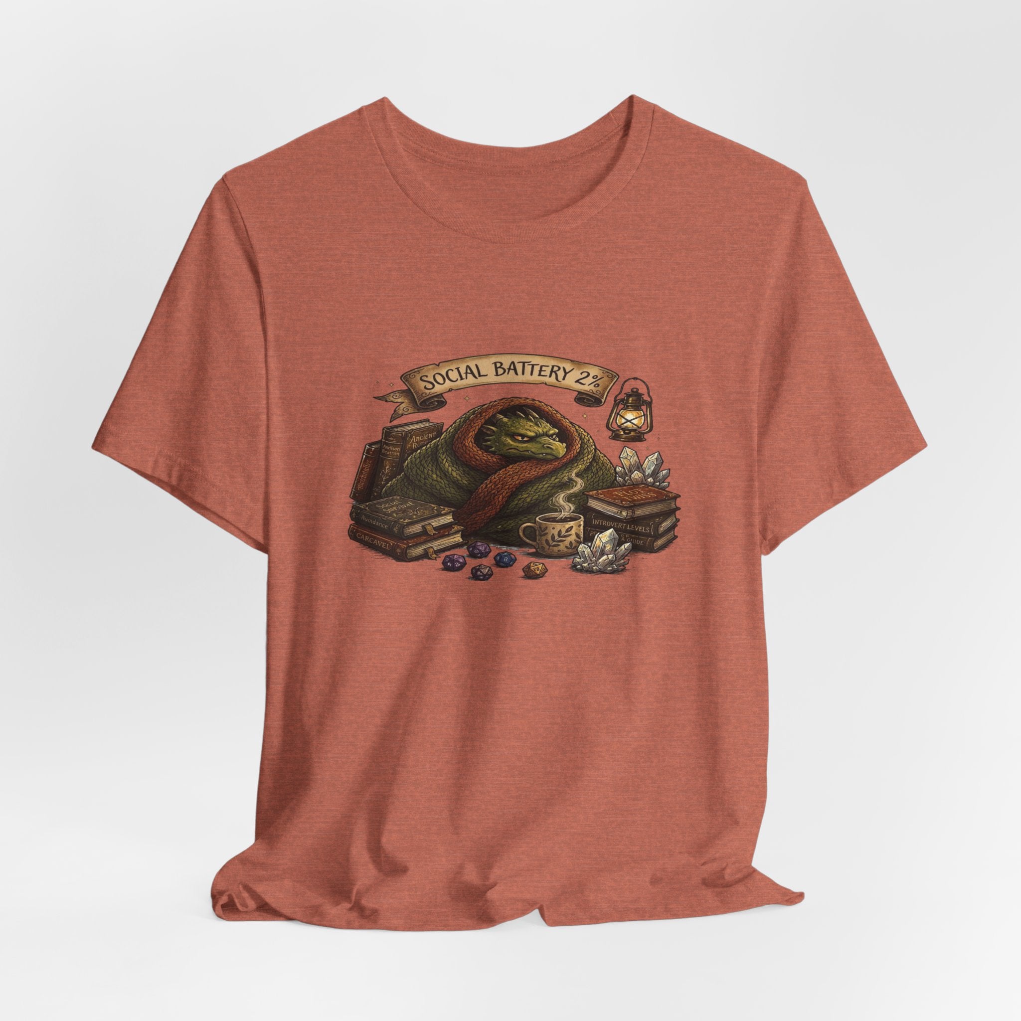 Social Battery Low dragon illustration T-Shirt | cozy book stack