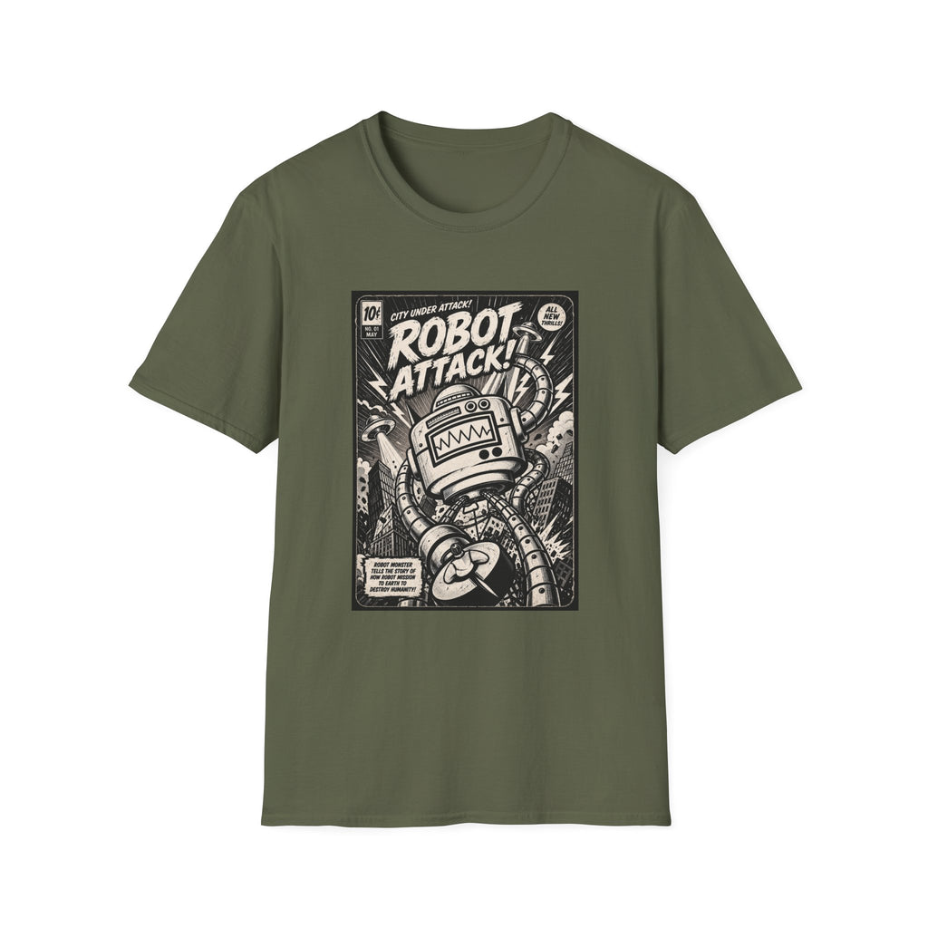 Robot Attack comic cover T-Shirt | Retro Sci-Fi Robot Tee