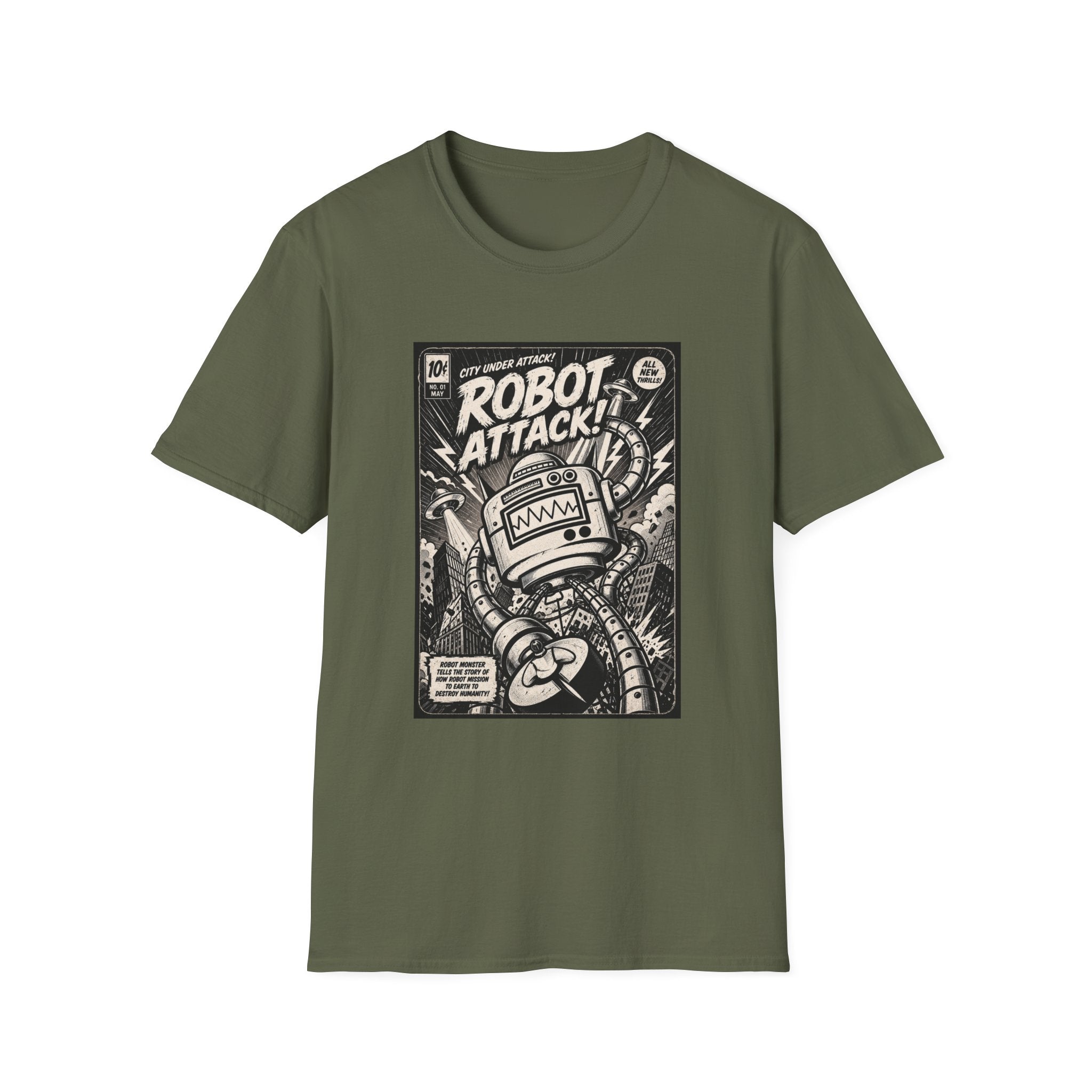 Robot Attack comic cover T-Shirt | Retro Sci-Fi Robot Tee
