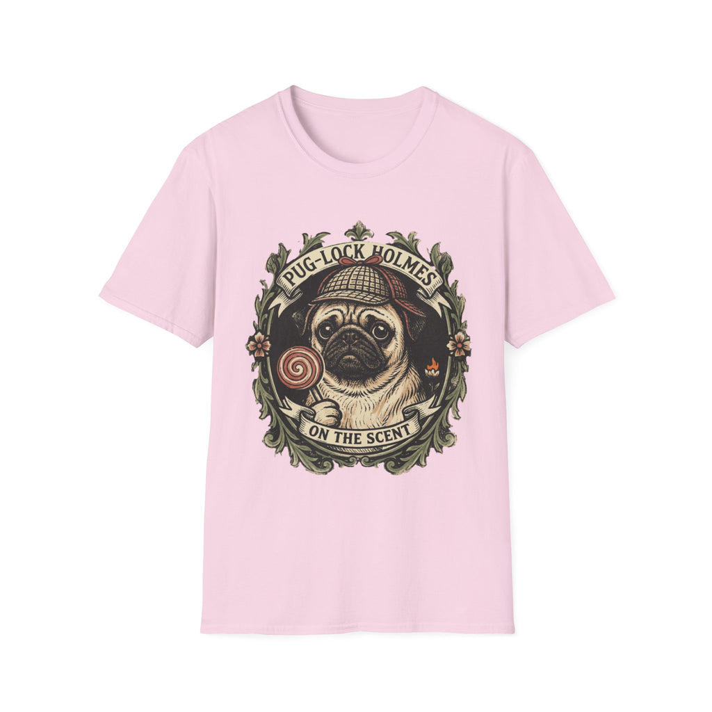 Pug-Lock Holmes Illustration T-Shirt | Pug Detective Vintage Badge