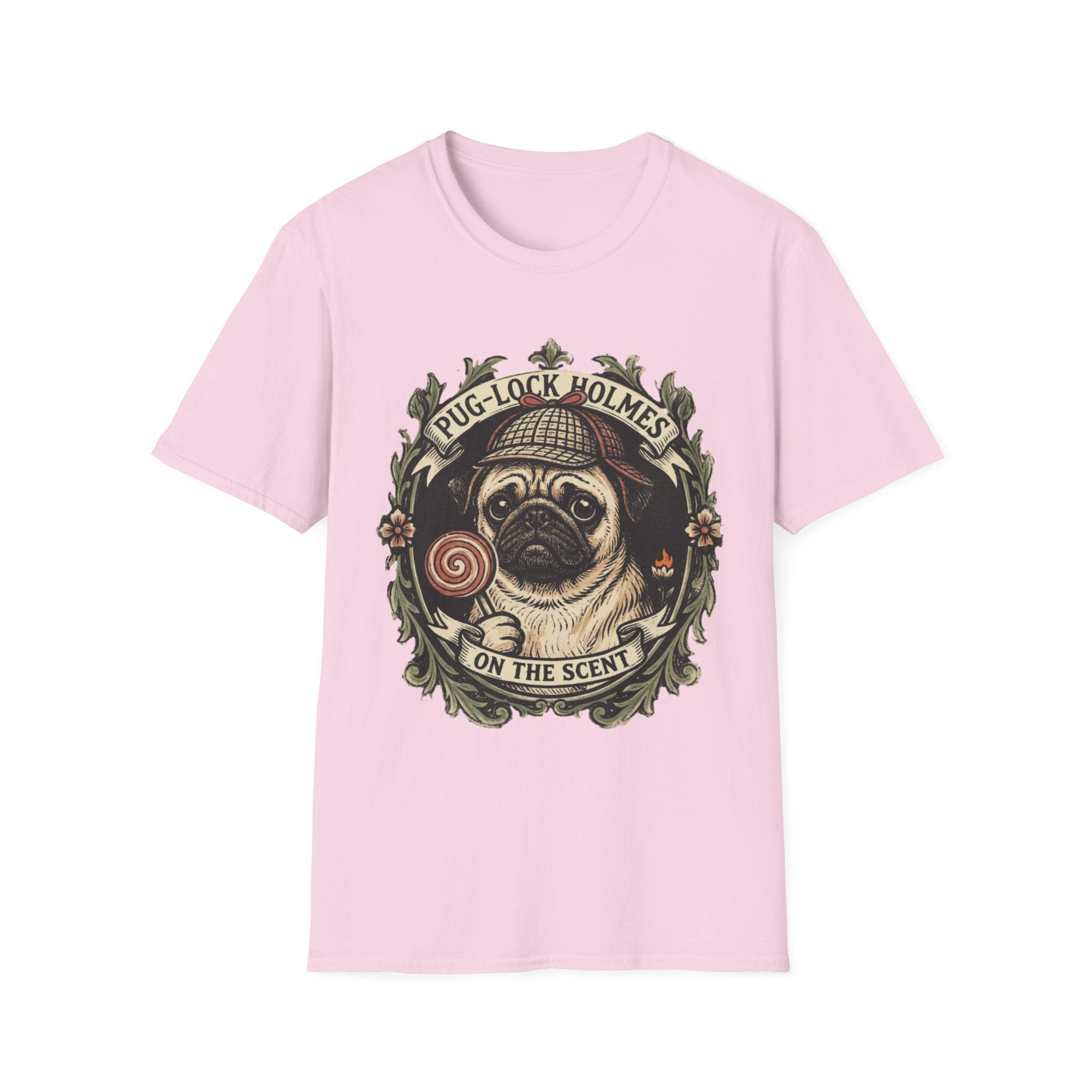 Pug-Lock Holmes Illustration T-Shirt | Pug Detective Vintage Badge