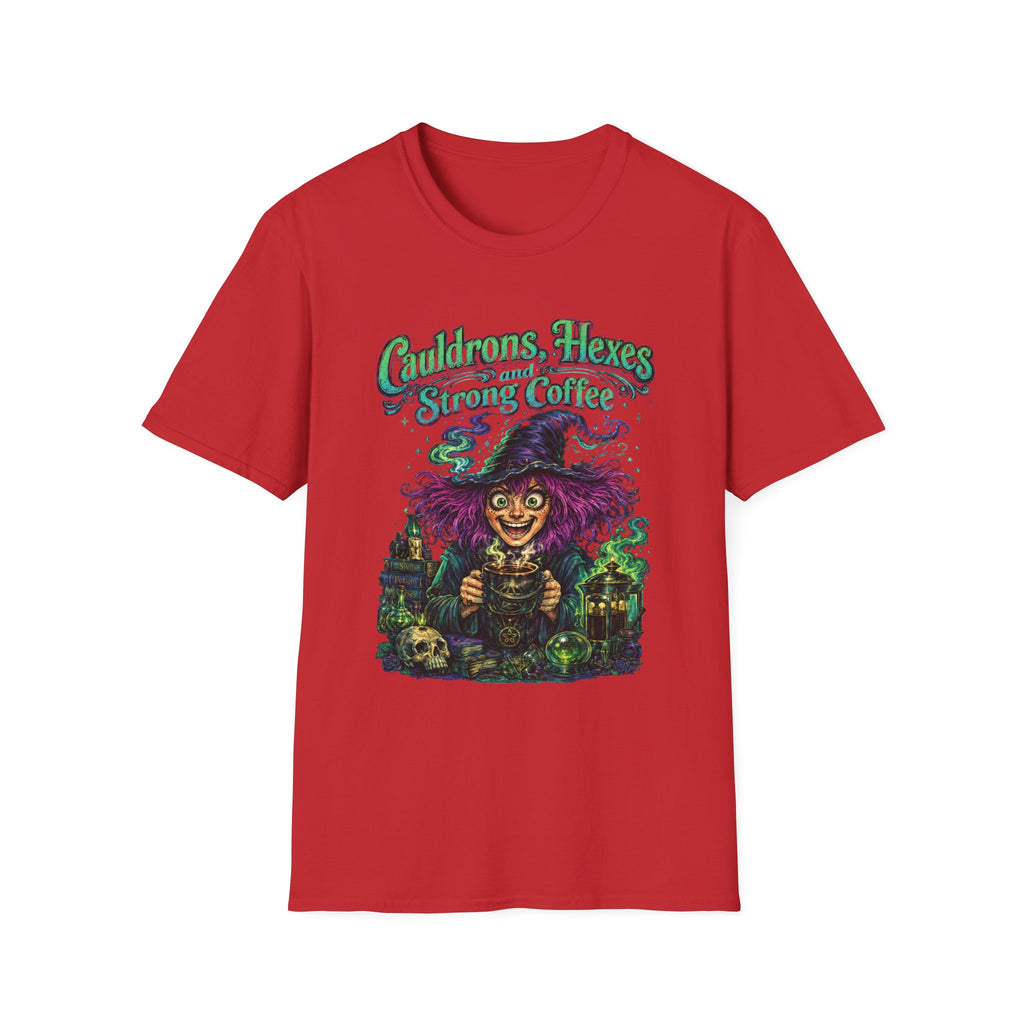 Witch Coffee T-Shirt  "Cauldrons, Hexes and Strong Coffee" Halloween Tee
