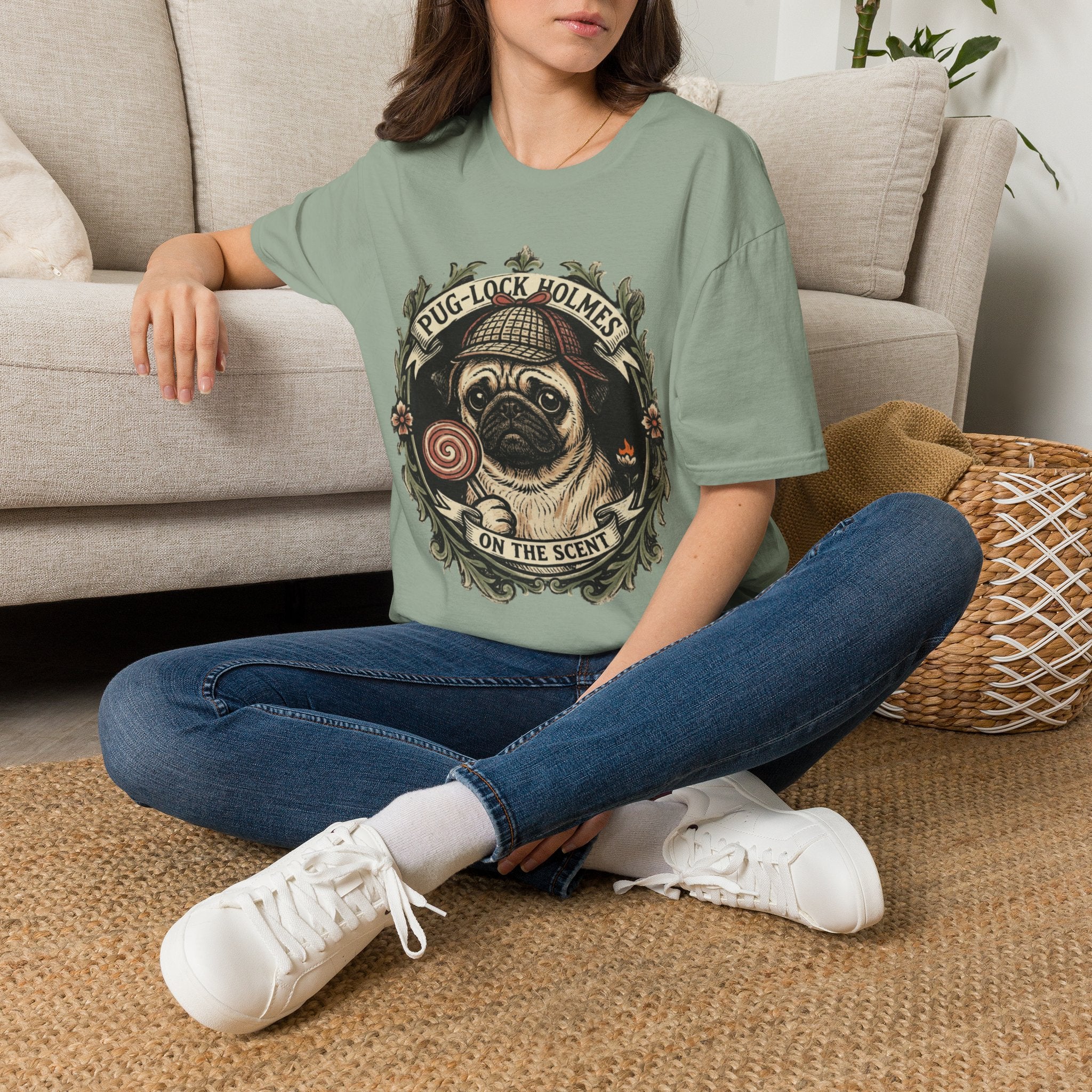 Pug-Lock Holmes Illustration T-Shirt | Pug Detective Vintage Badge