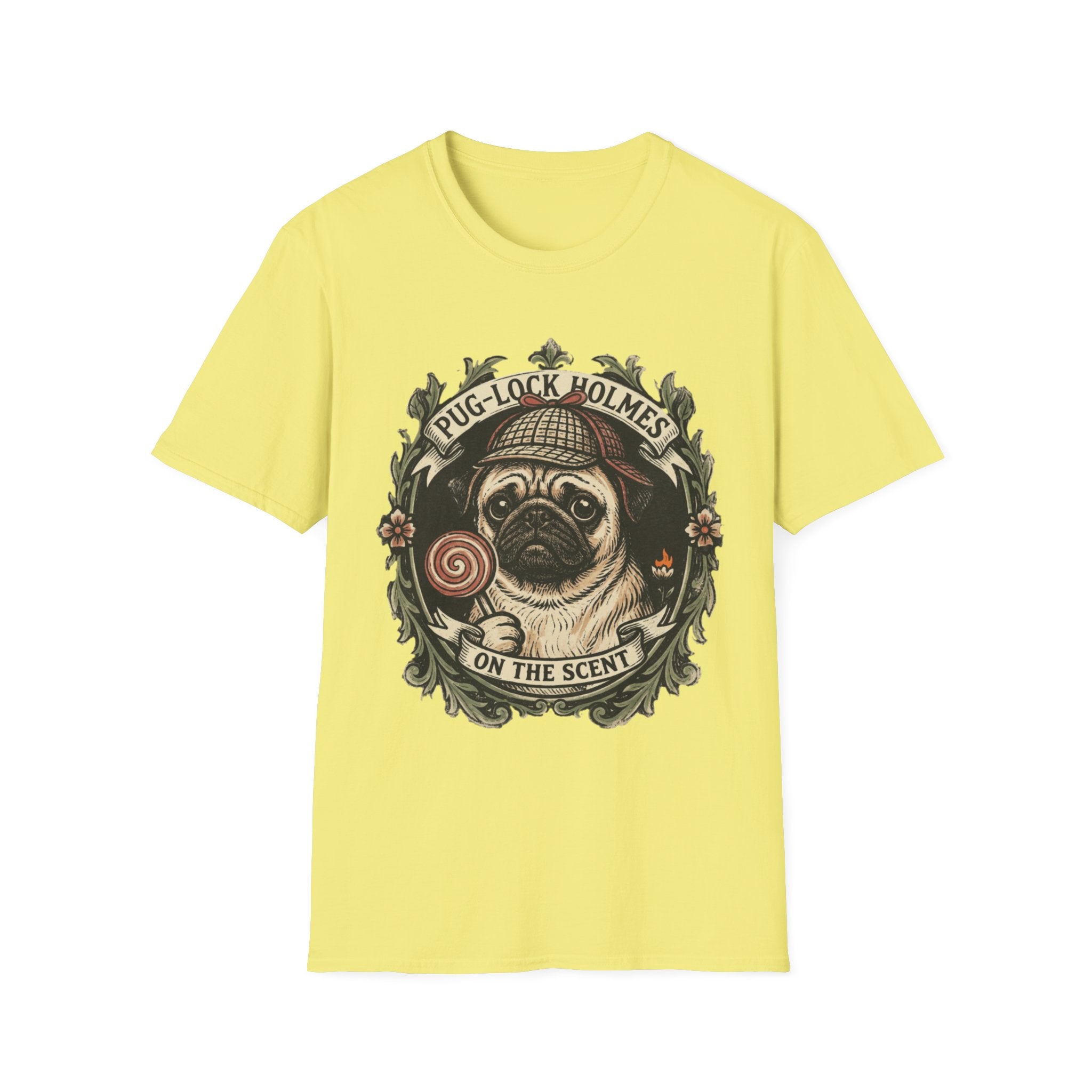 Pug-Lock Holmes Illustration T-Shirt | Pug Detective Vintage Badge
