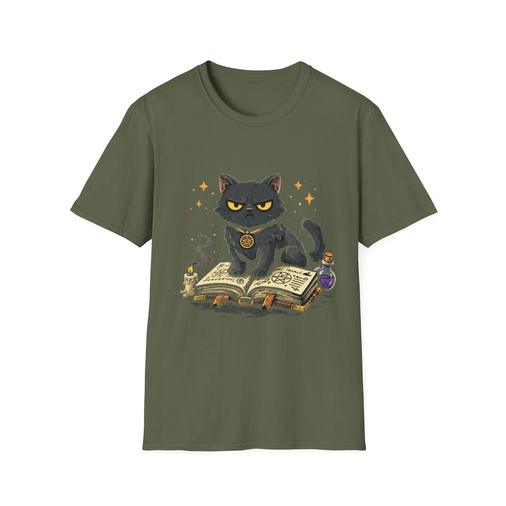 Grumpy Black Witch Cat T-Shirt | Occult Spellbook Magic Cat Shirt