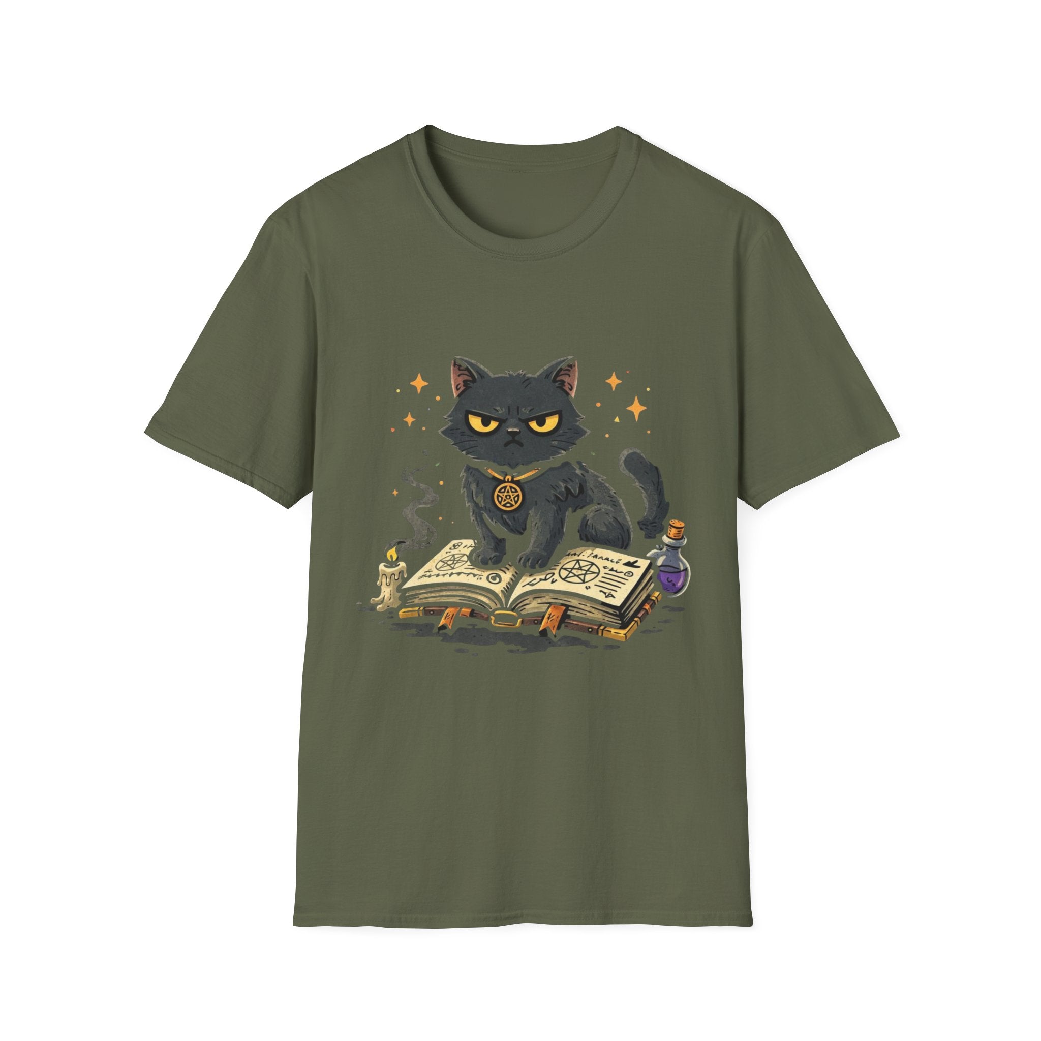 Grumpy Black Witch Cat T-Shirt | Occult Spellbook Magic Cat Shirt