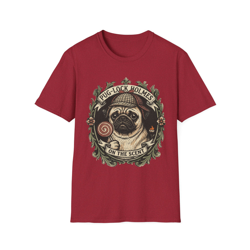 Pug-Lock Holmes Illustration T-Shirt | Pug Detective Vintage Badge