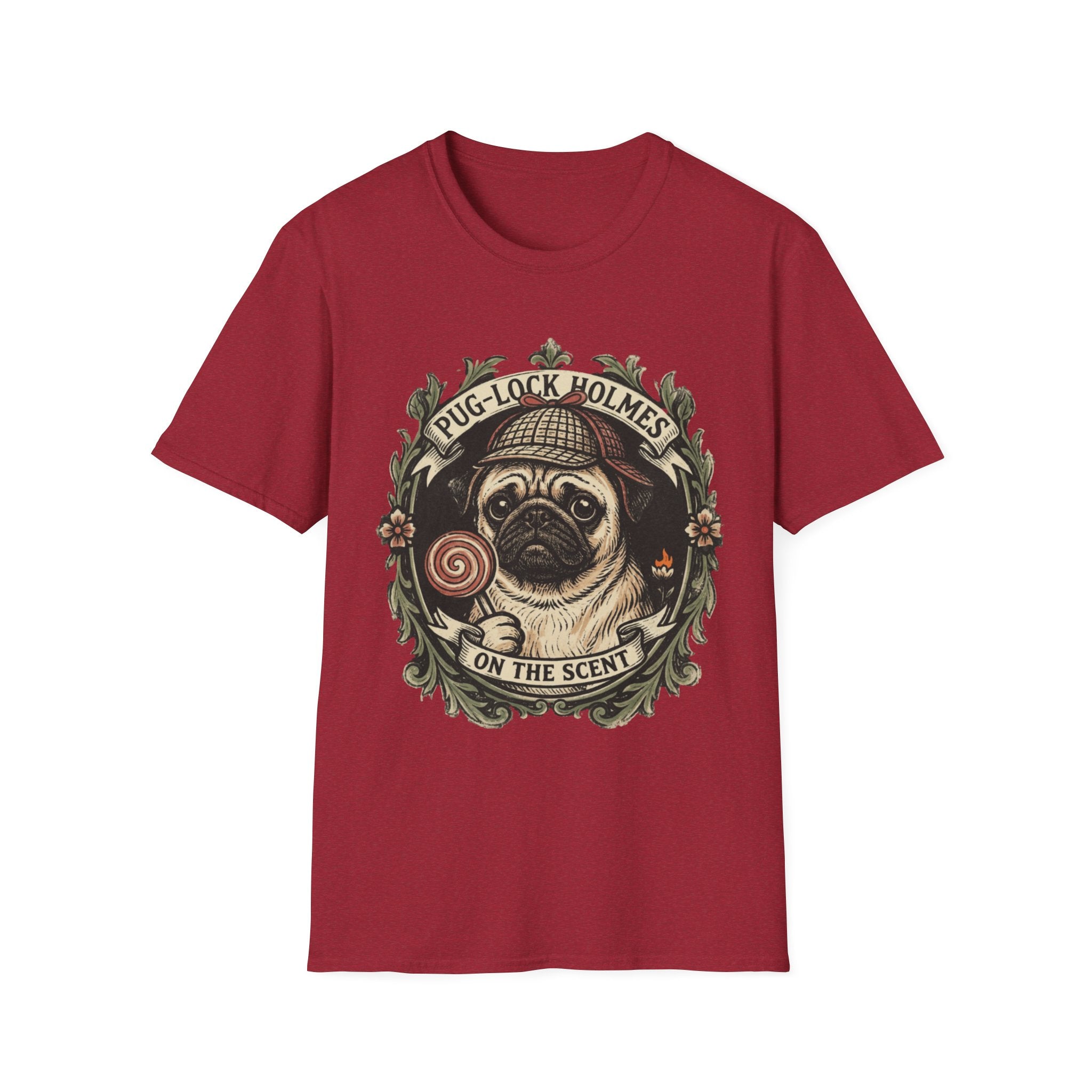 Pug-Lock Holmes Illustration T-Shirt | Pug Detective Vintage Badge