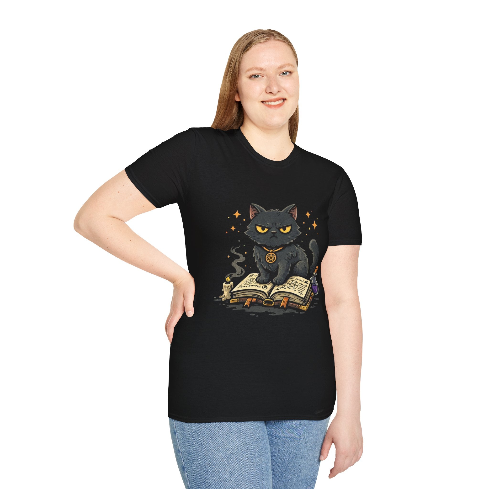 Grumpy Black Witch Cat T-Shirt | Occult Spellbook Magic Cat Shirt