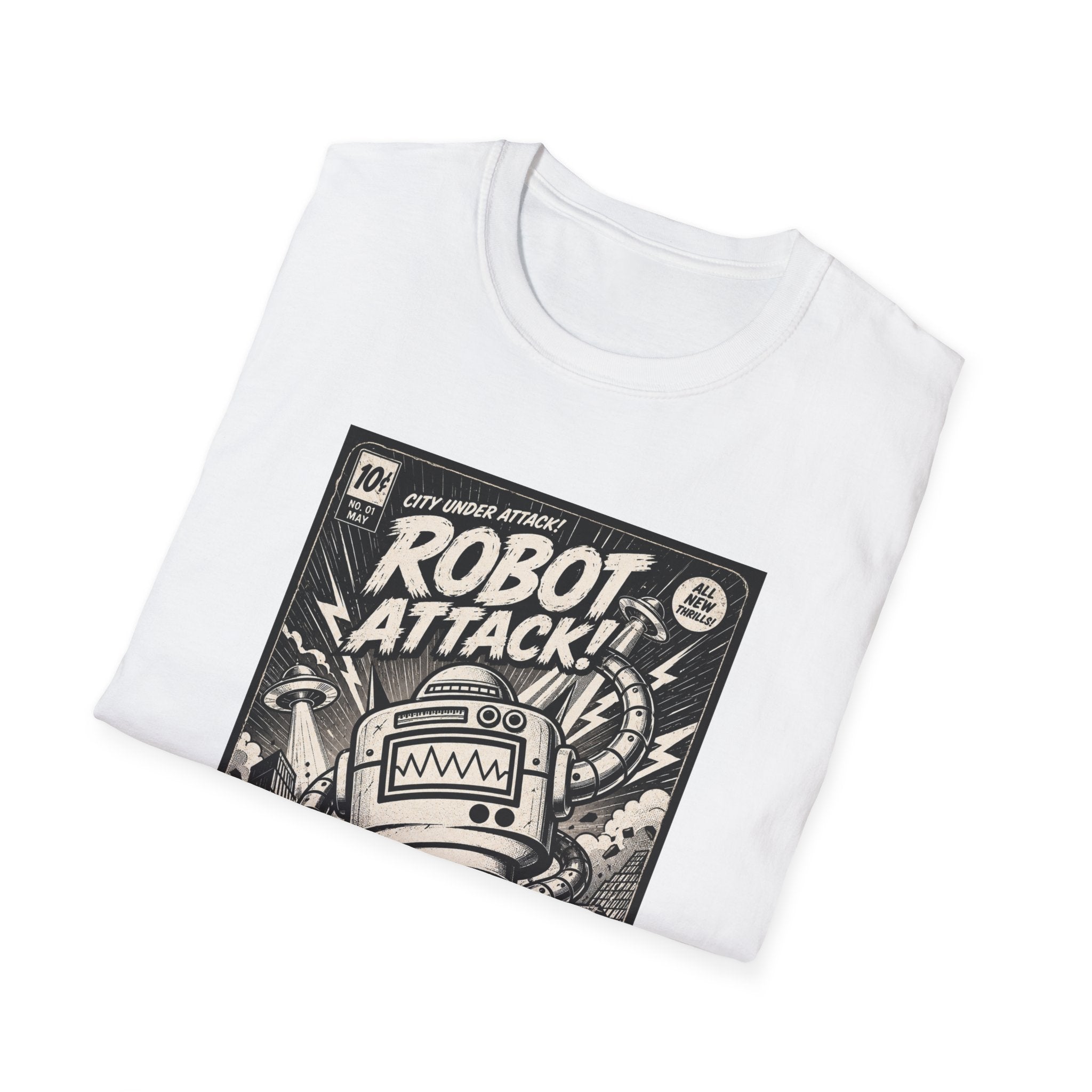 Robot Attack comic cover T-Shirt | Retro Sci-Fi Robot Tee