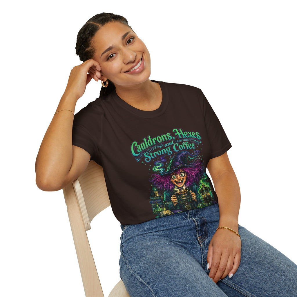 Witch Coffee T-Shirt  "Cauldrons, Hexes and Strong Coffee" Halloween Tee