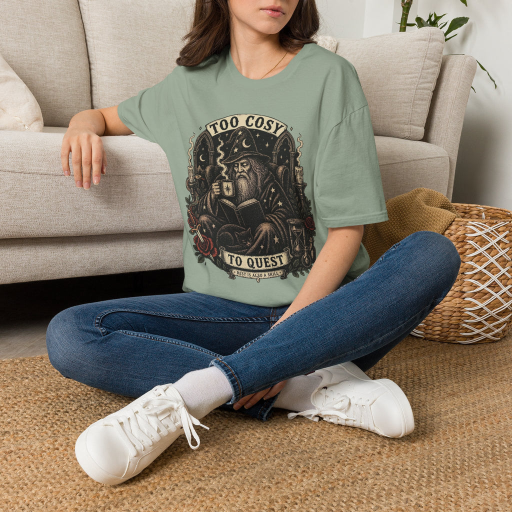 Too Cosy Wizard Illustration T-Shirt | Fantasy Mage Coffee Design