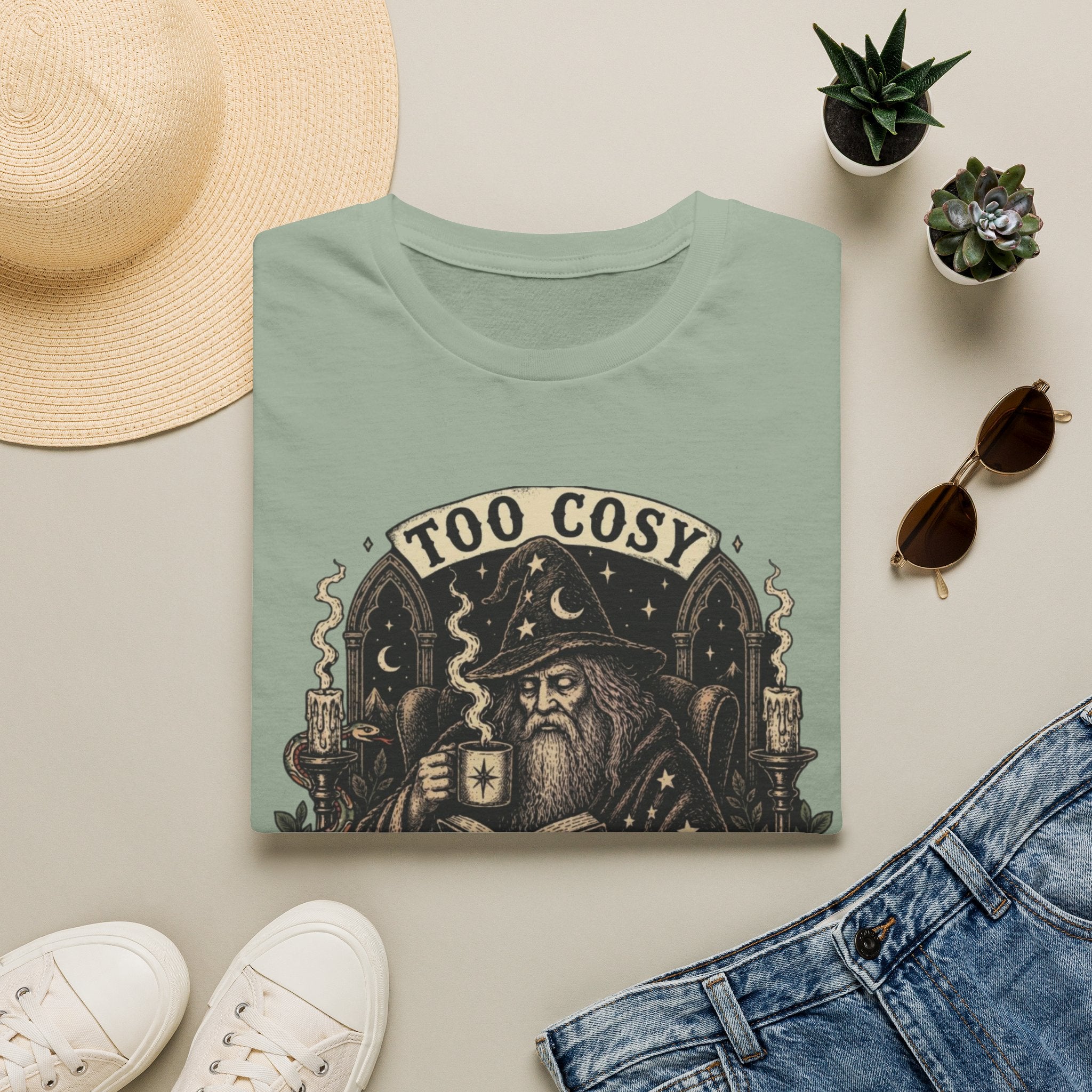 Too Cosy Wizard Illustration T-Shirt | Fantasy Mage Coffee Design