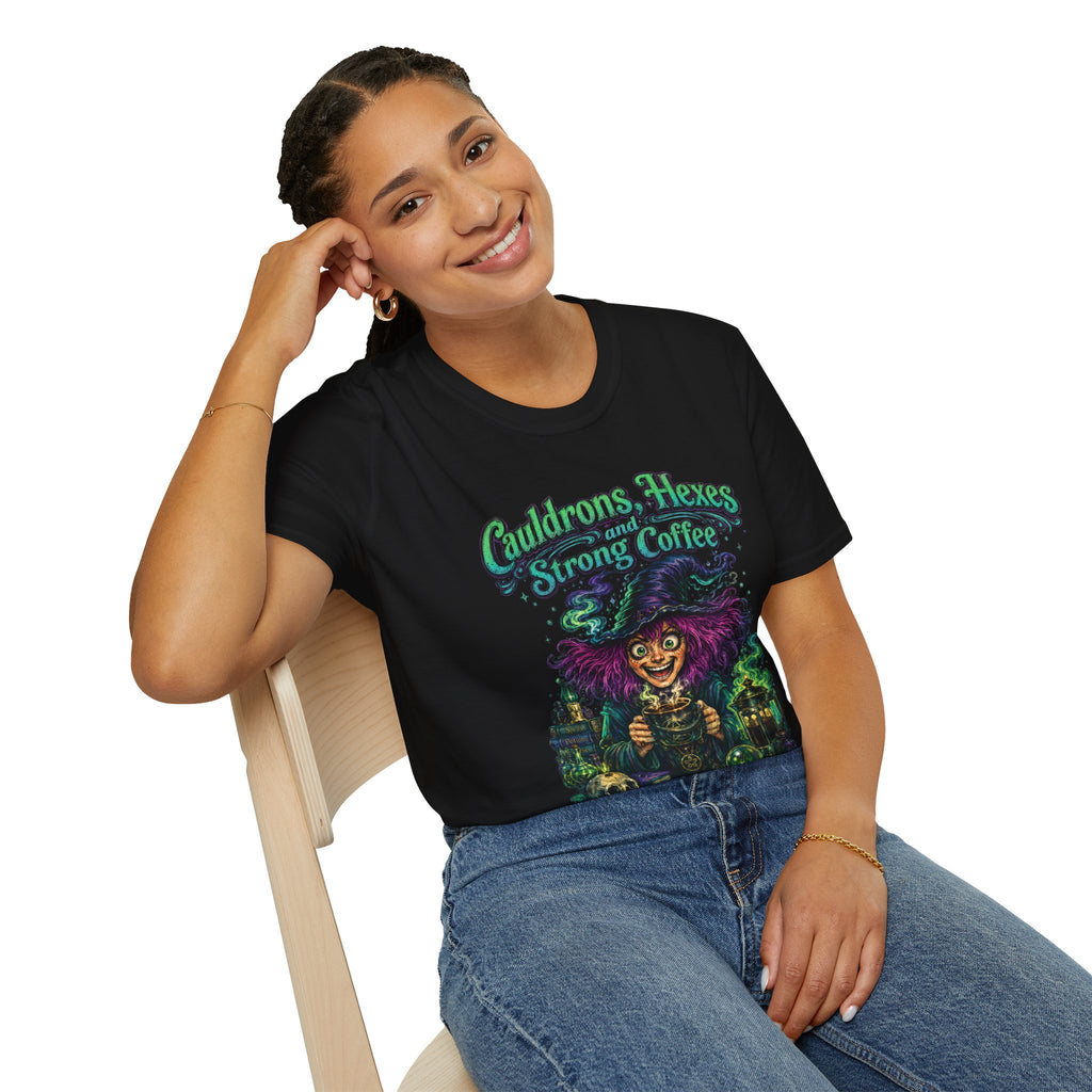 Witch Coffee T-Shirt  "Cauldrons, Hexes and Strong Coffee" Halloween Tee