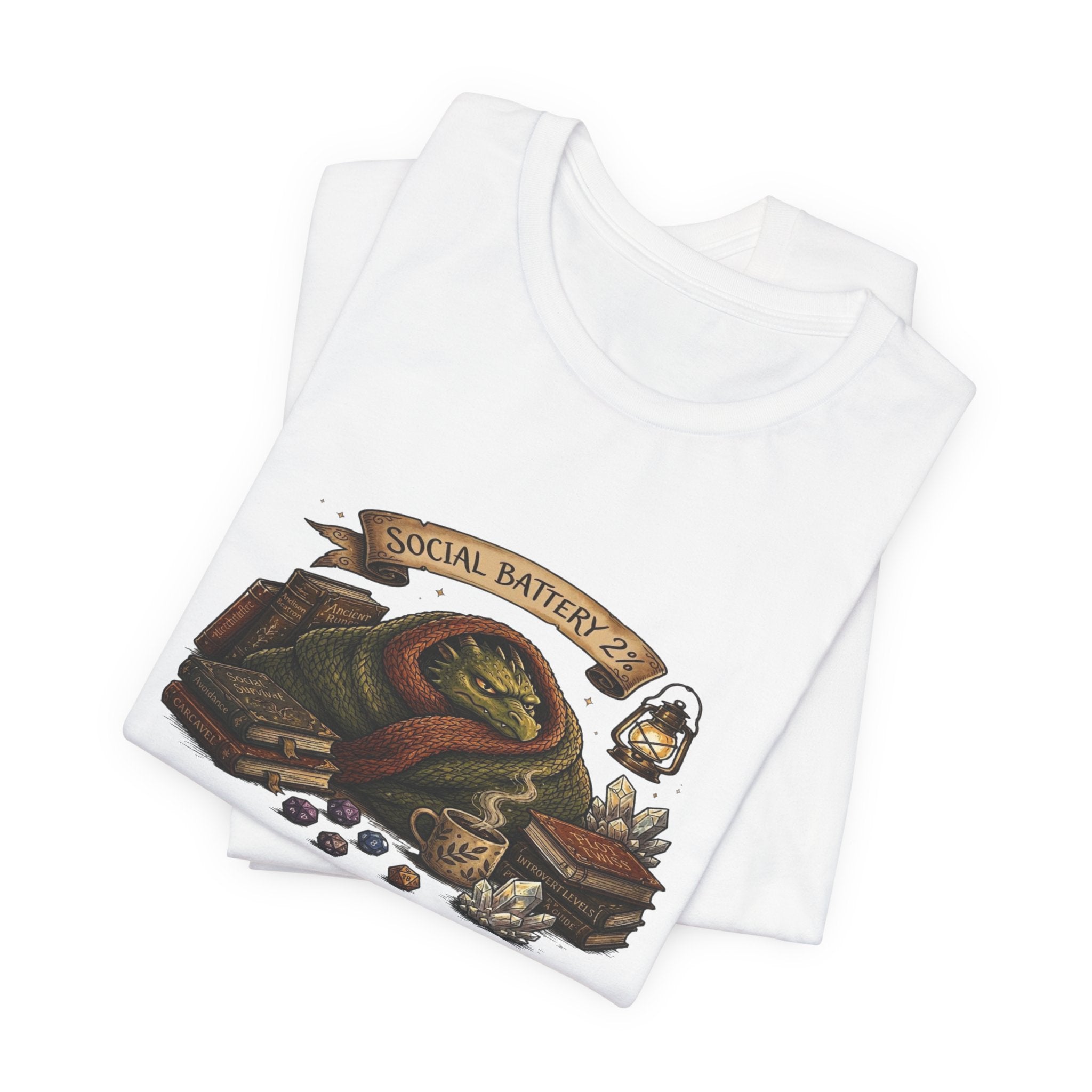 Social Battery Low dragon illustration T-Shirt | cozy book stack