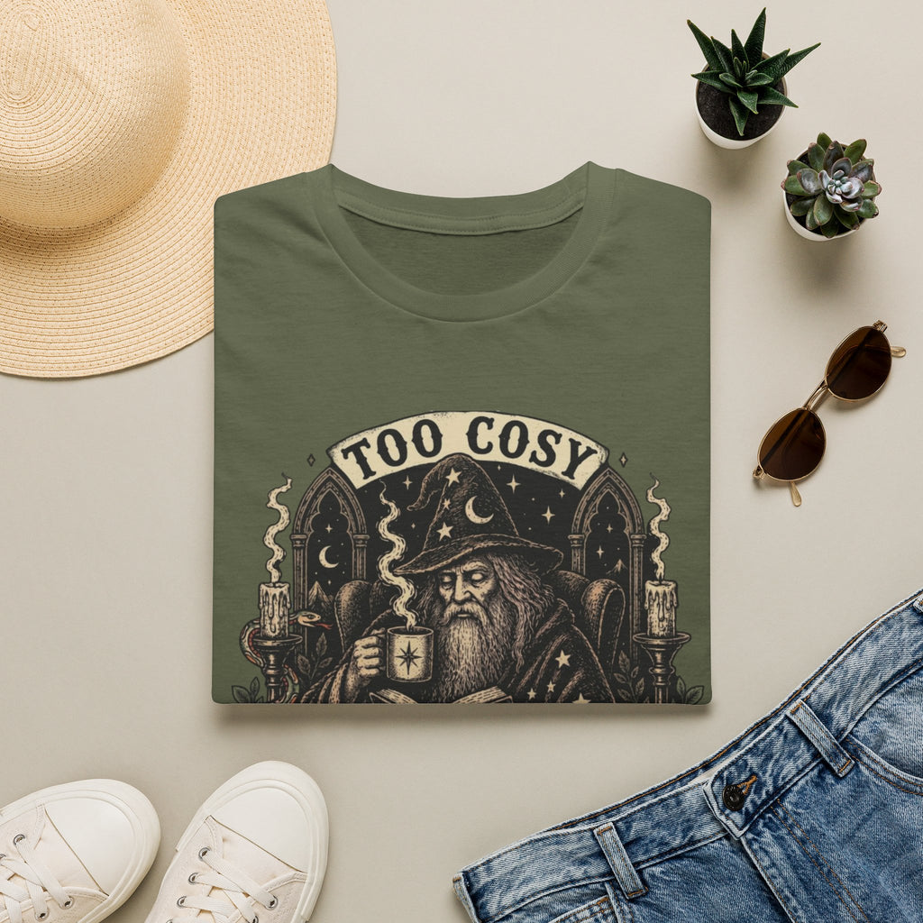 Too Cosy Wizard Illustration T-Shirt | Fantasy Mage Coffee Design