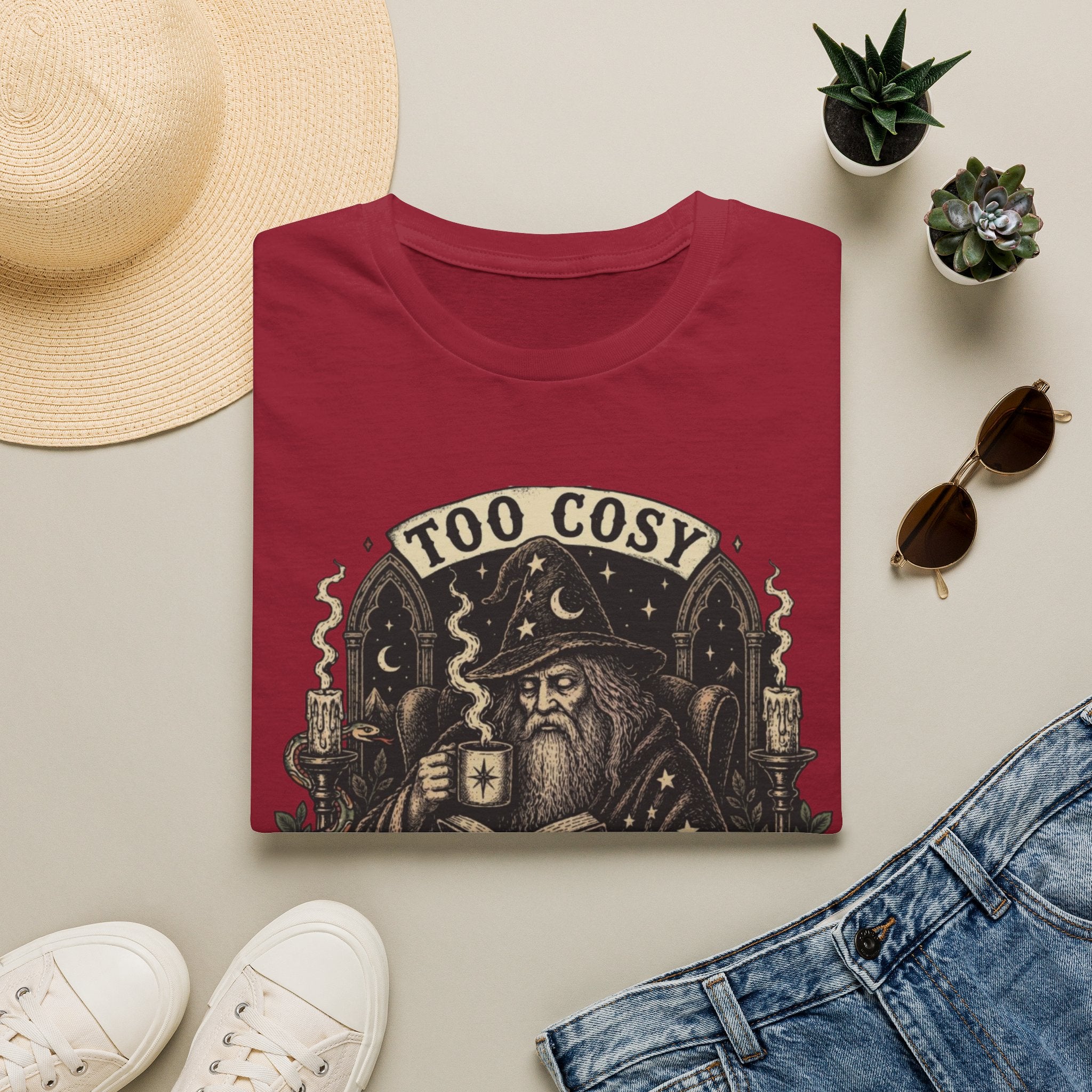 Too Cosy Wizard Illustration T-Shirt | Fantasy Mage Coffee Design