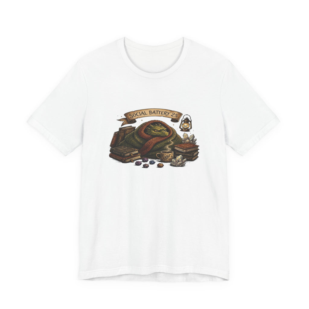 Social Battery Low dragon illustration T-Shirt | cozy book stack