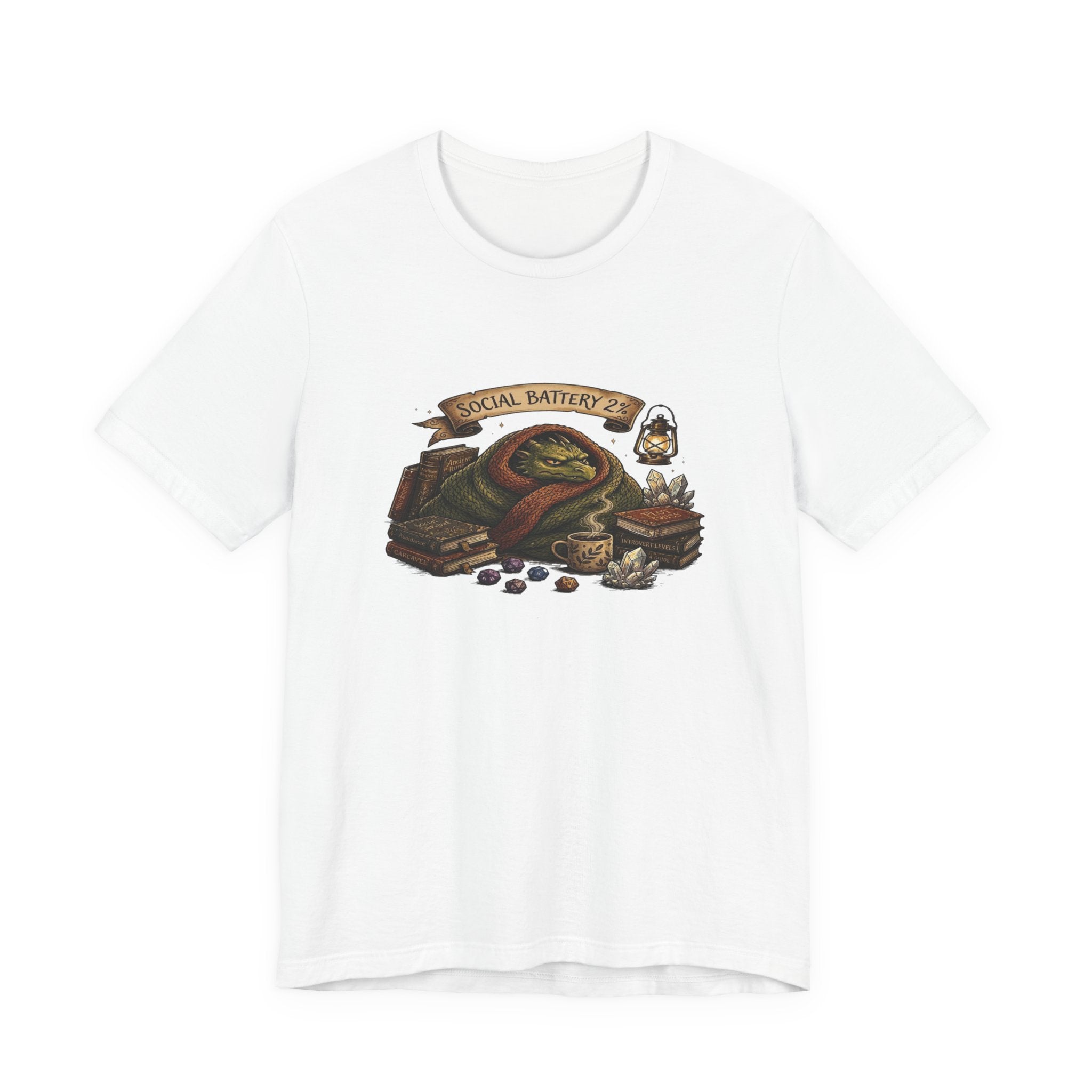 Social Battery Low dragon illustration T-Shirt | cozy book stack
