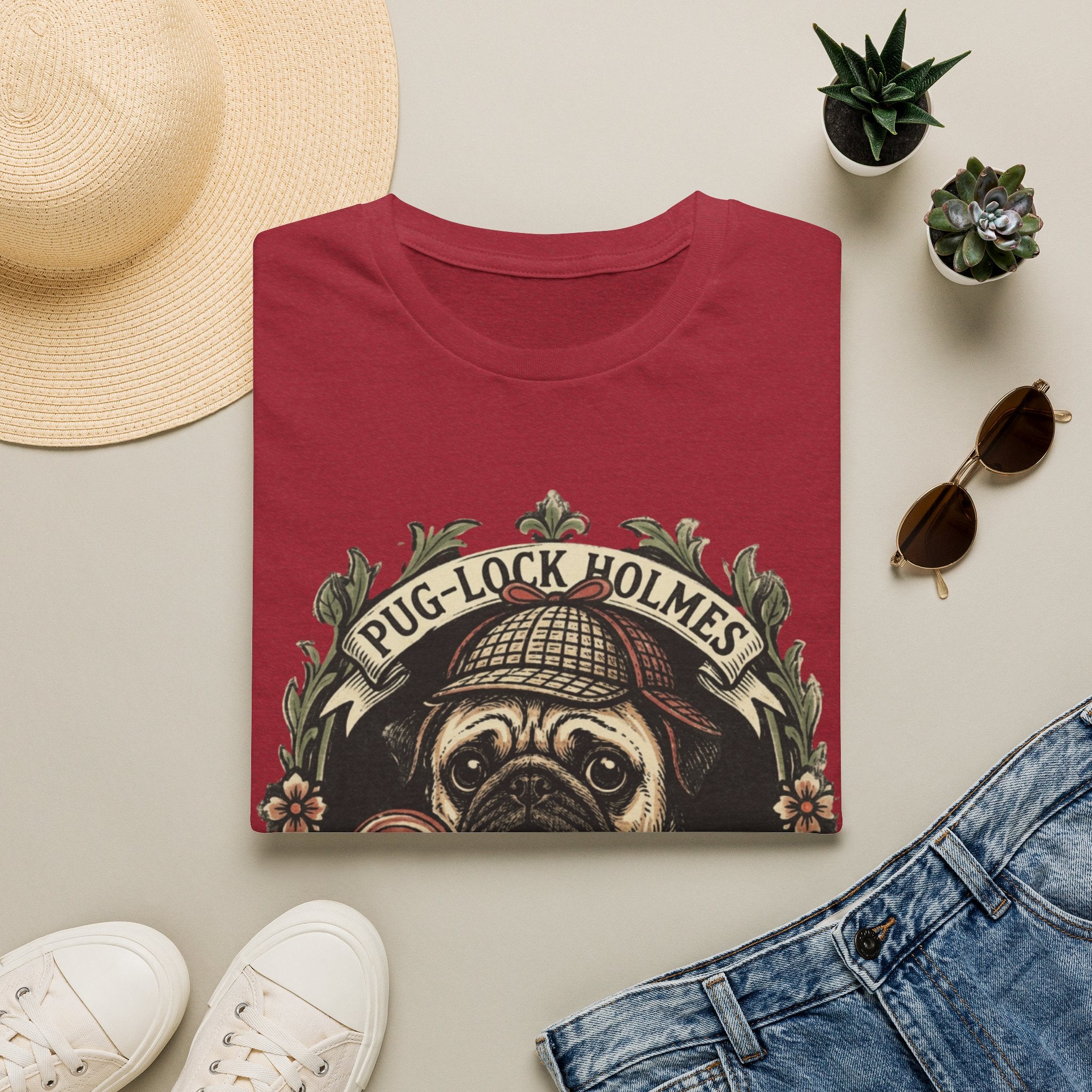 Pug-Lock Holmes Illustration T-Shirt | Pug Detective Vintage Badge