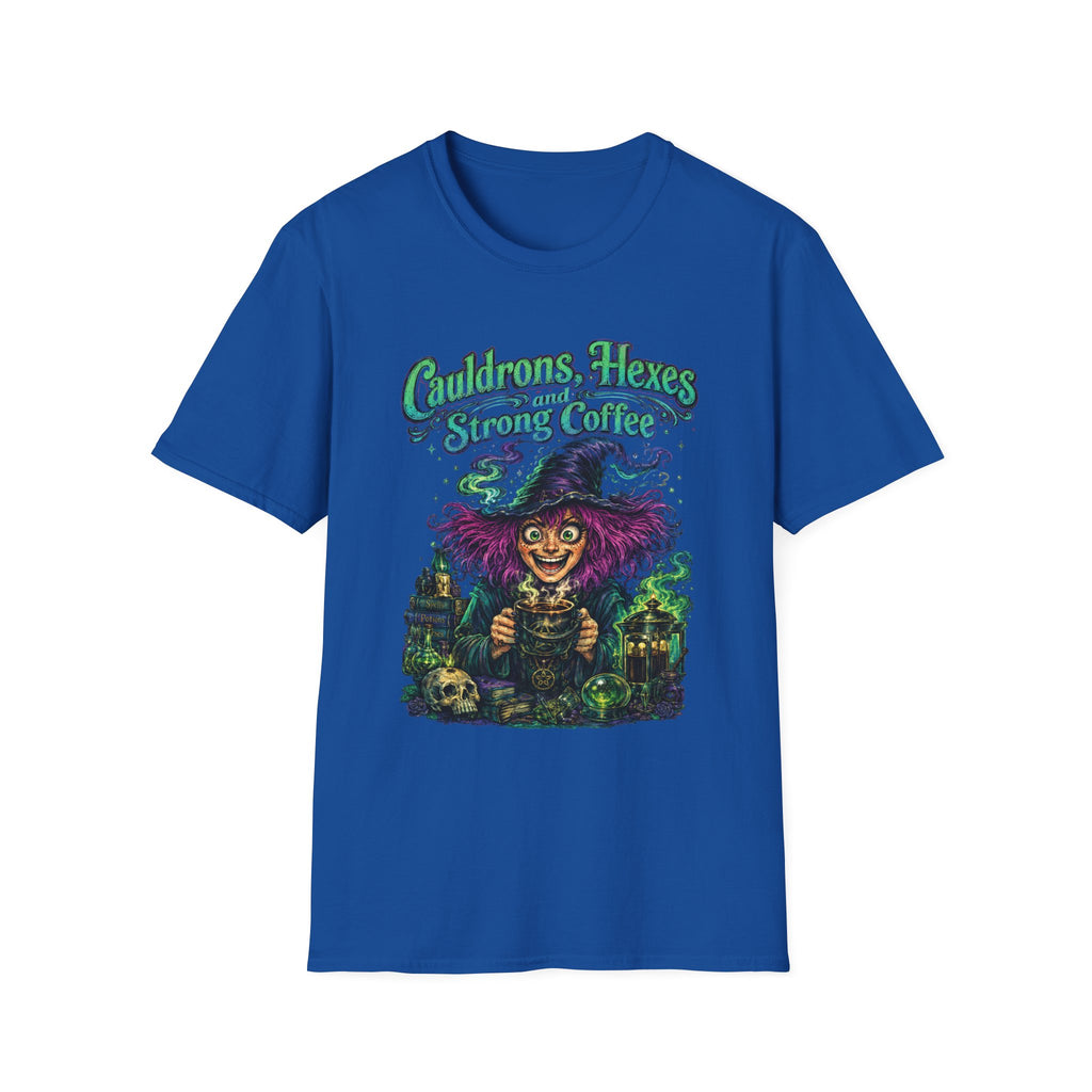 Witch Coffee T-Shirt  "Cauldrons, Hexes and Strong Coffee" Halloween Tee
