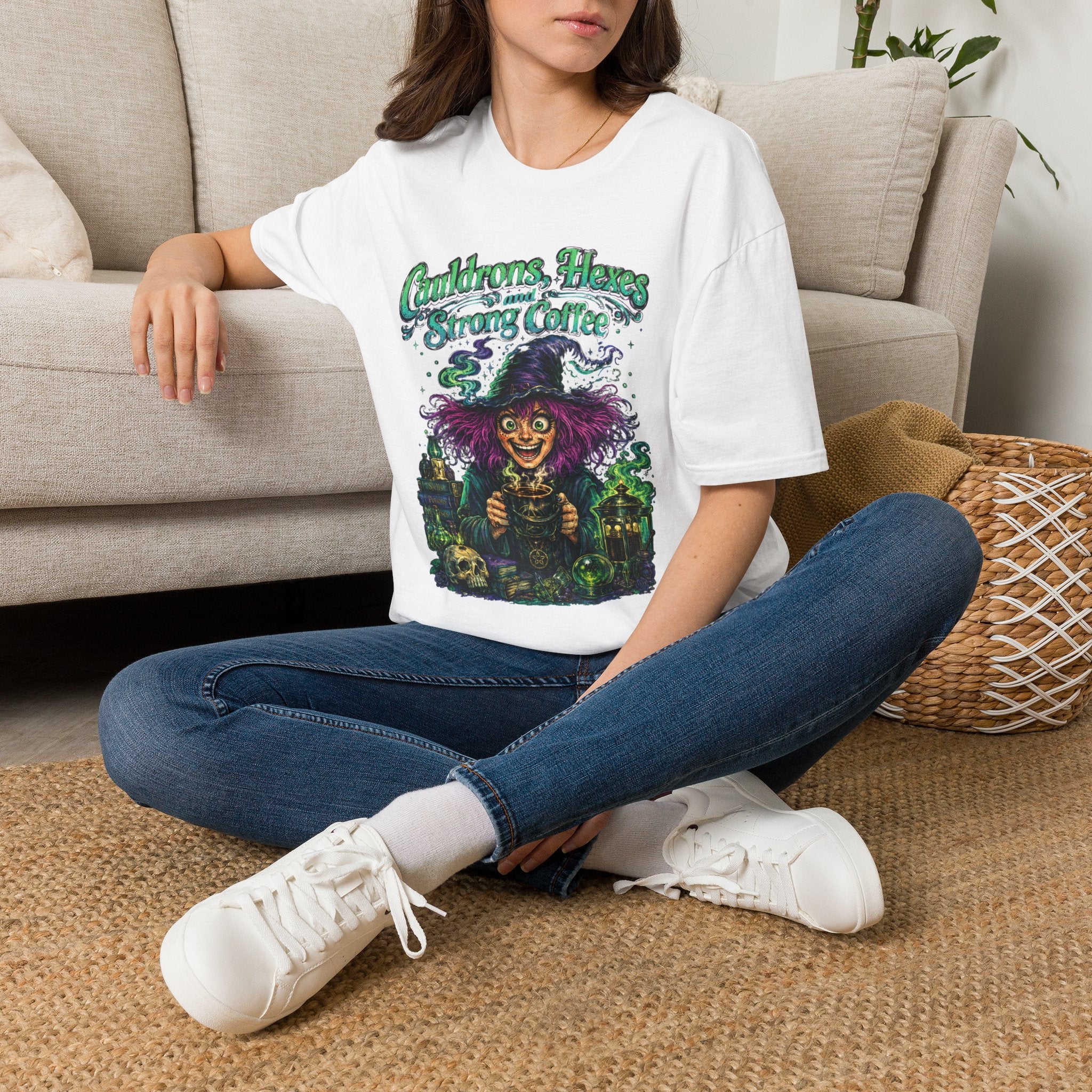 Witch Coffee T-Shirt  "Cauldrons, Hexes and Strong Coffee" Halloween Tee