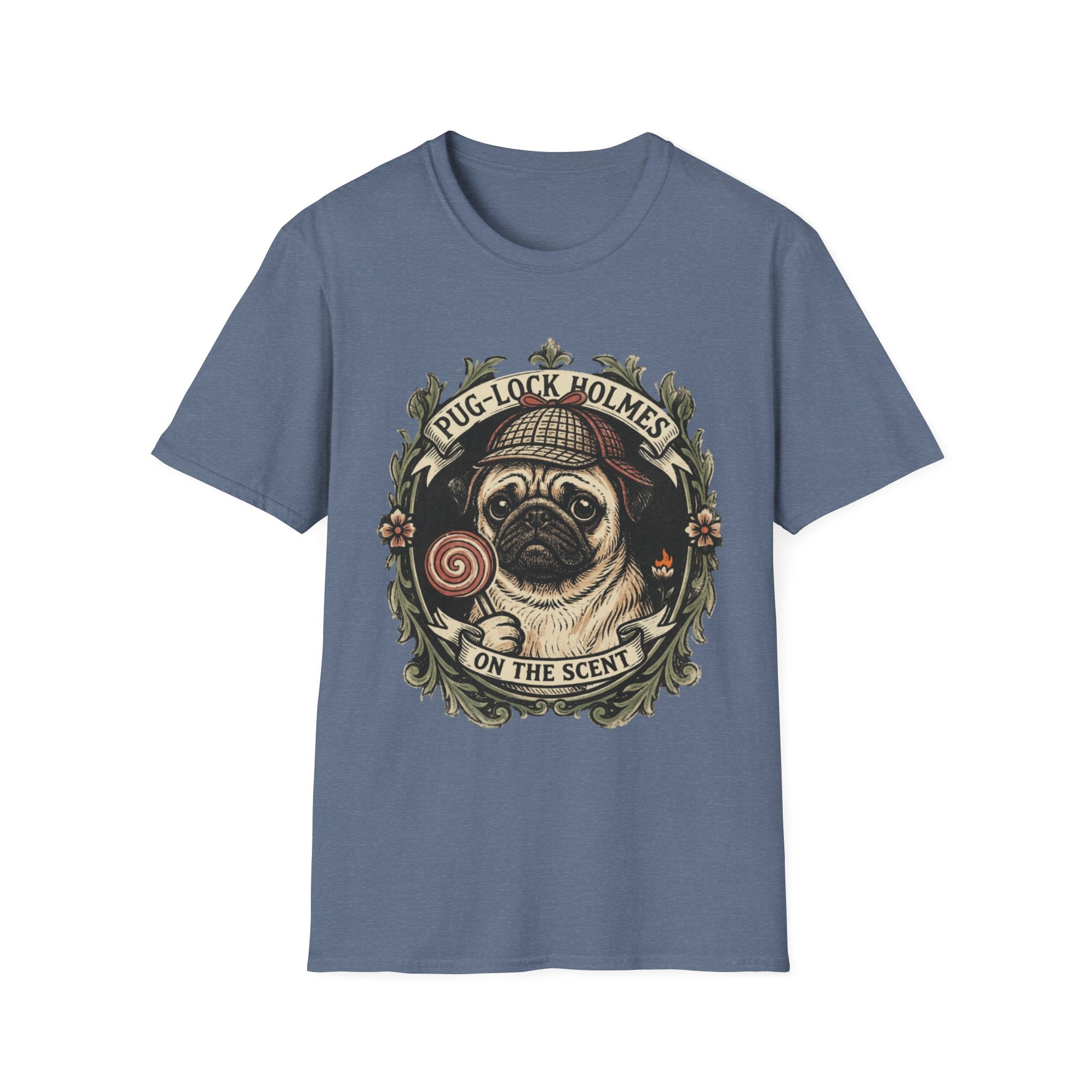 Pug-Lock Holmes Illustration T-Shirt | Pug Detective Vintage Badge